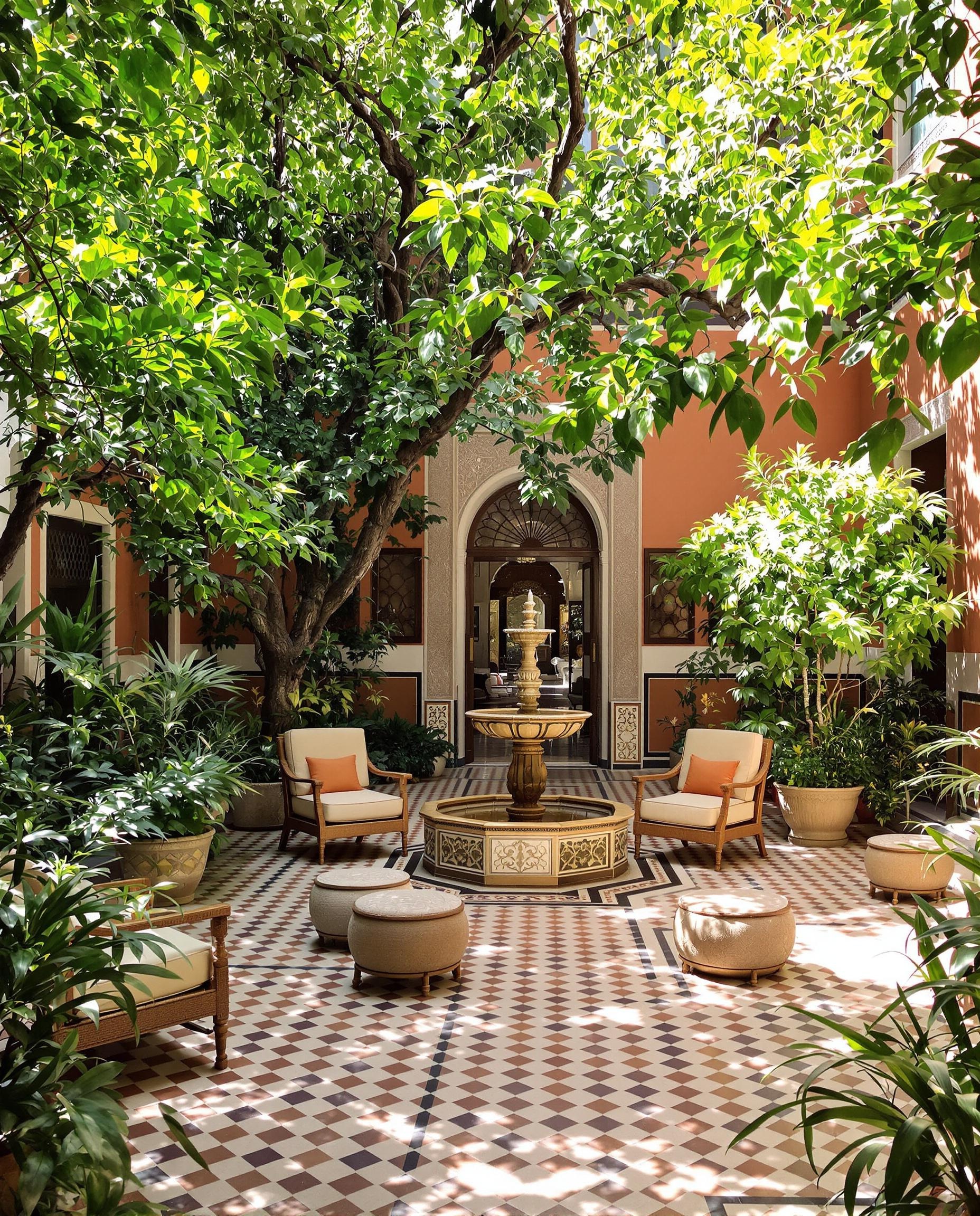 Un patio intérieur arboré d’un riad avec une fontaine centrale et des fauteuils confortables.