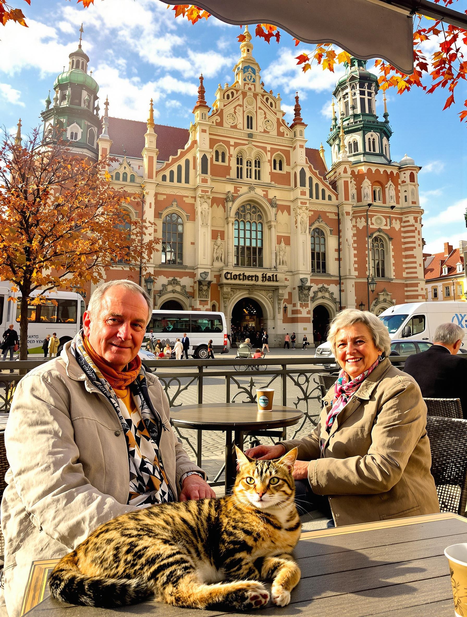 Pause café terrasse Halle aux Draps seniors Polux chat Bengal Cracovie