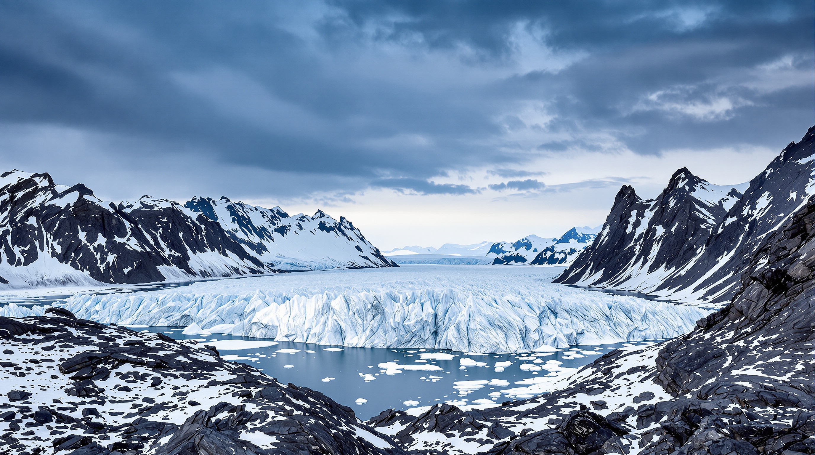 Paysage typique du Svalbard : montagnes spectaculaires et glaciers massifs sous un ciel arctique.