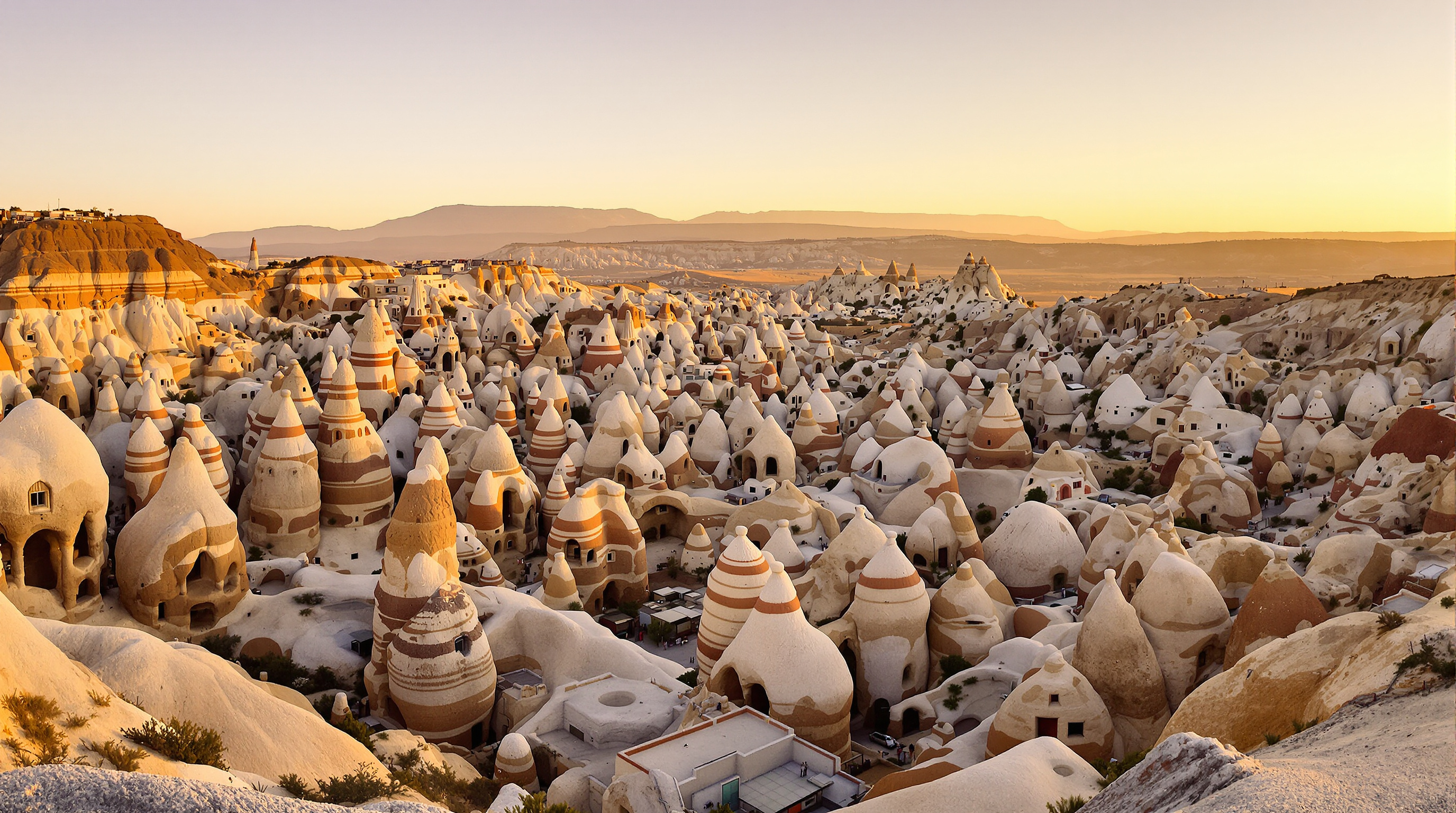 Paysage panoramique de la Cappadoce avec les fameuses 'cheminées de fées' et des habitations troglodytes creusées dans le tuf. Le soleil du matin illumine la scène, mettant en évidence les différentes strates de la roche volcanique.