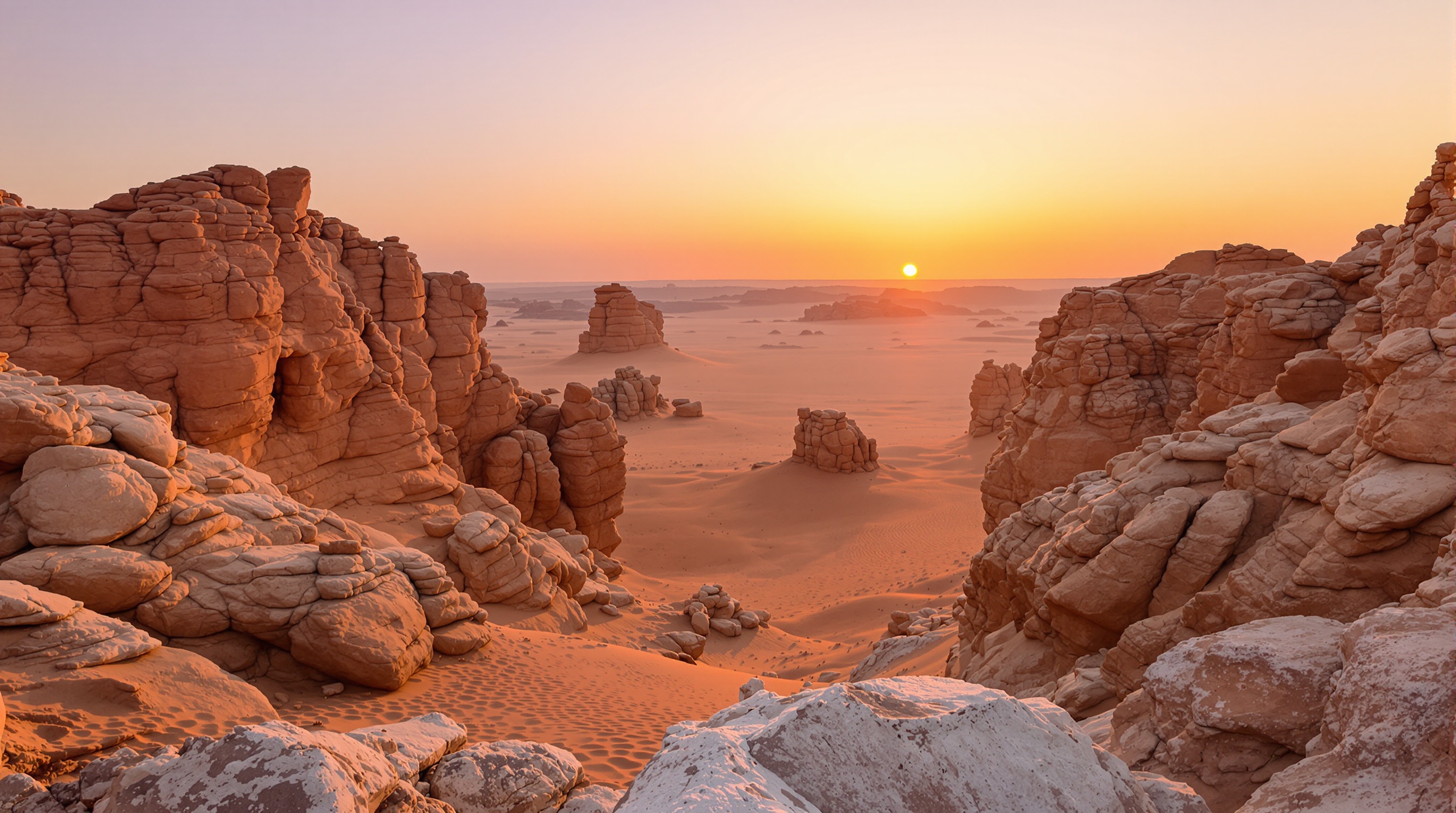 Paysage du désert qatari avec formations rocheuses de Zekreet au coucher du soleil