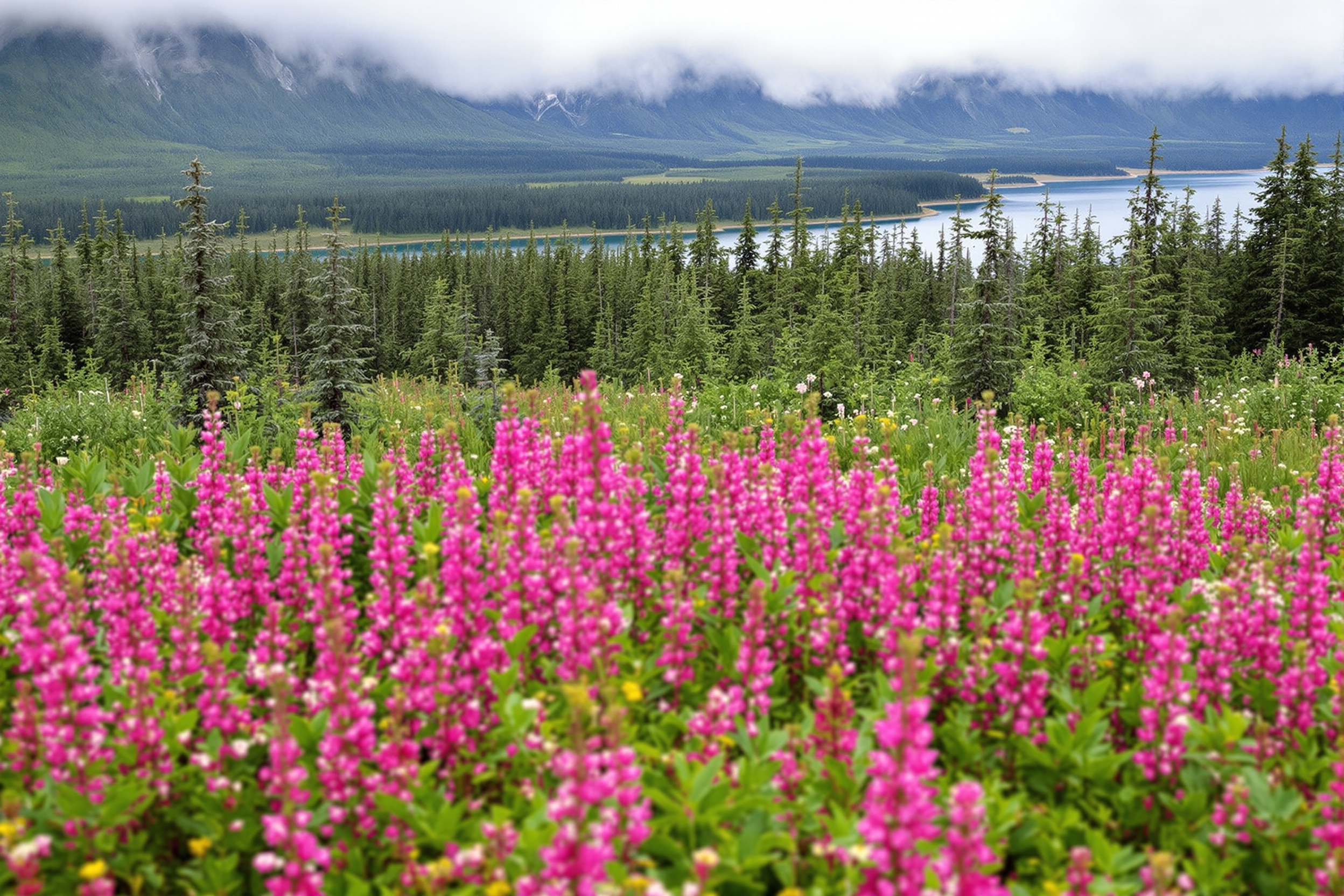 Toundra fleurie avec épilobe, forêt boréale et végétation côtière d'Alaska