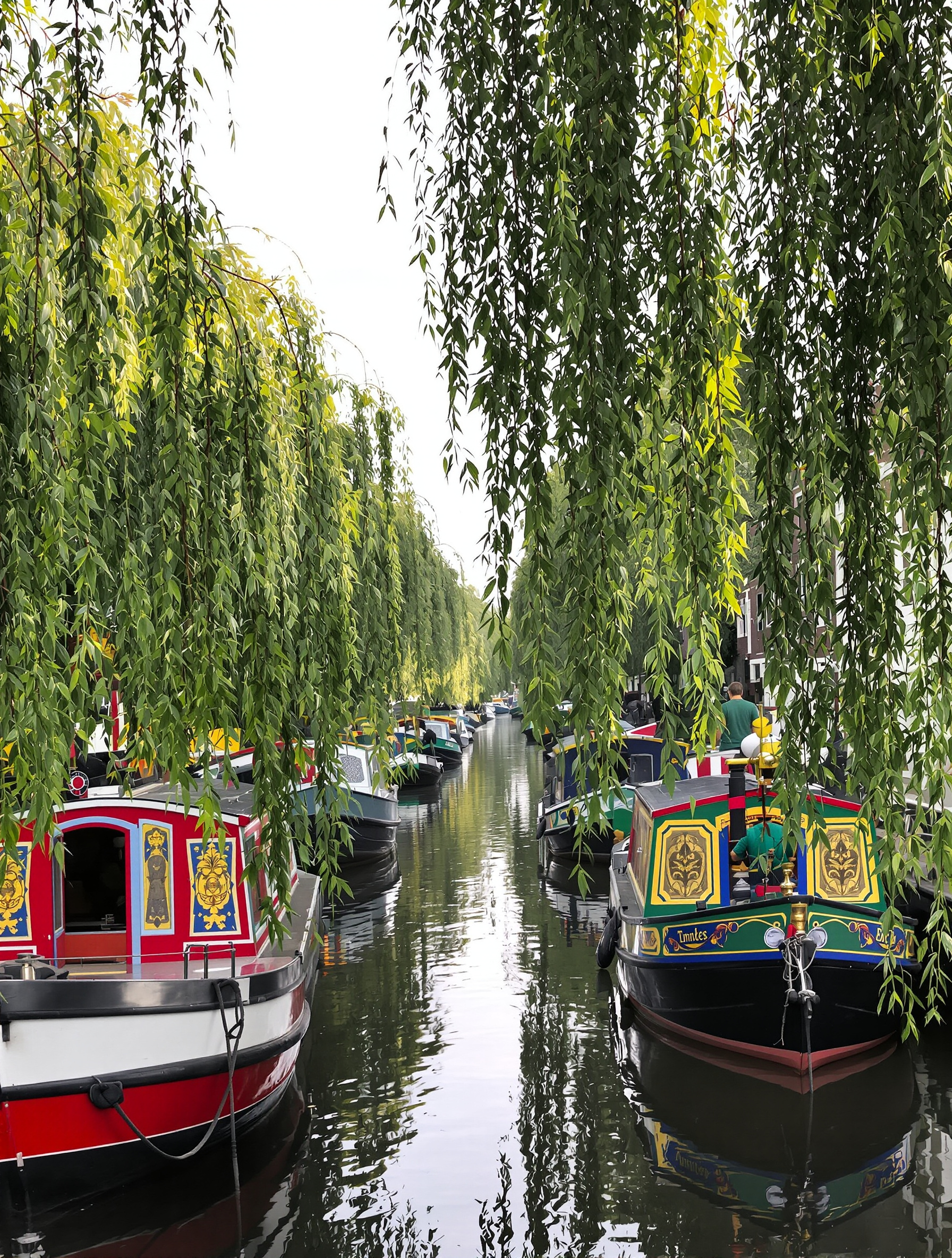 Péniches colorées amarrées à Little Venice sous des saules pleureurs, atmosphère paisible.