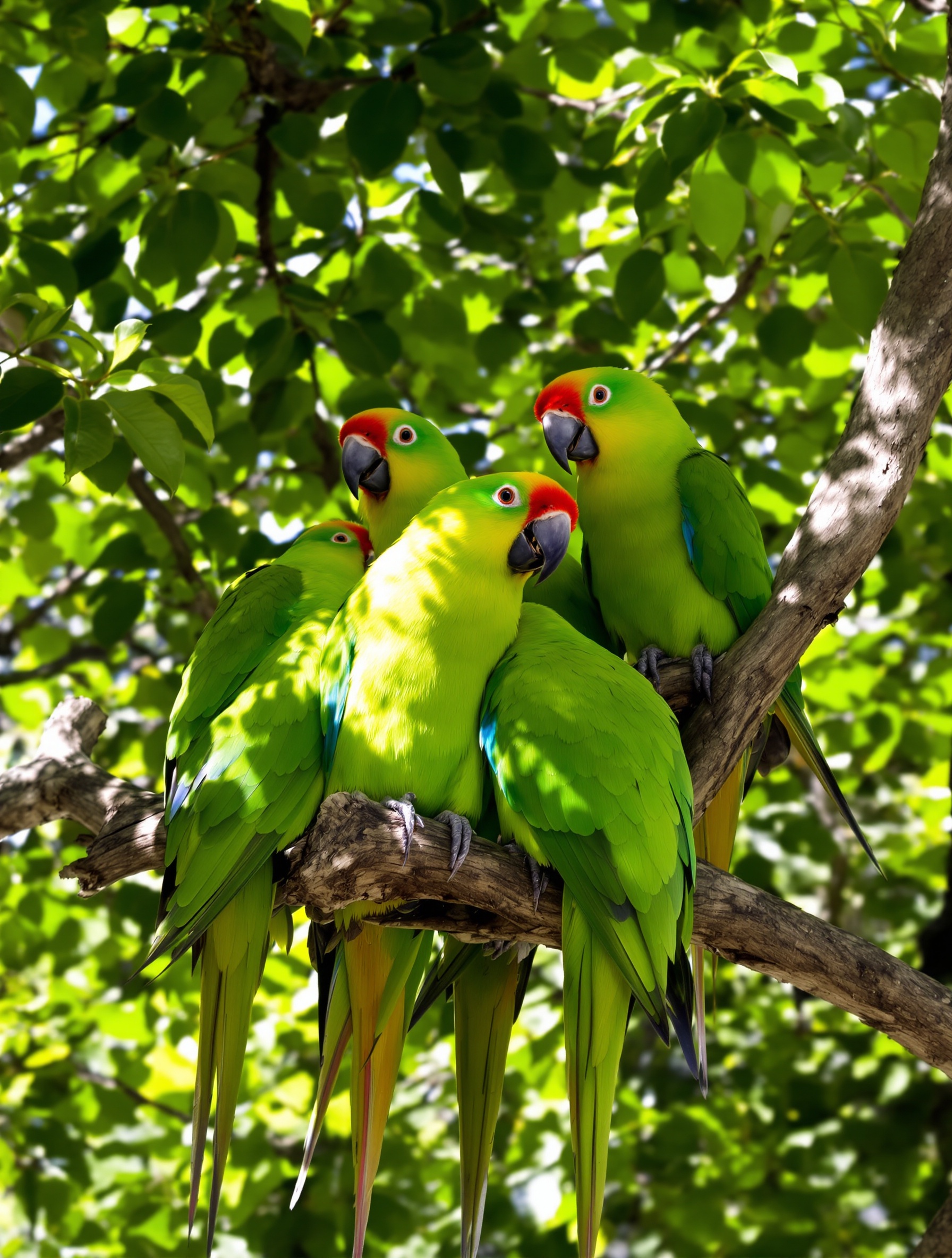 Perroquets cherry-headed conures emblématiques sur une branche à Telegraph Hill