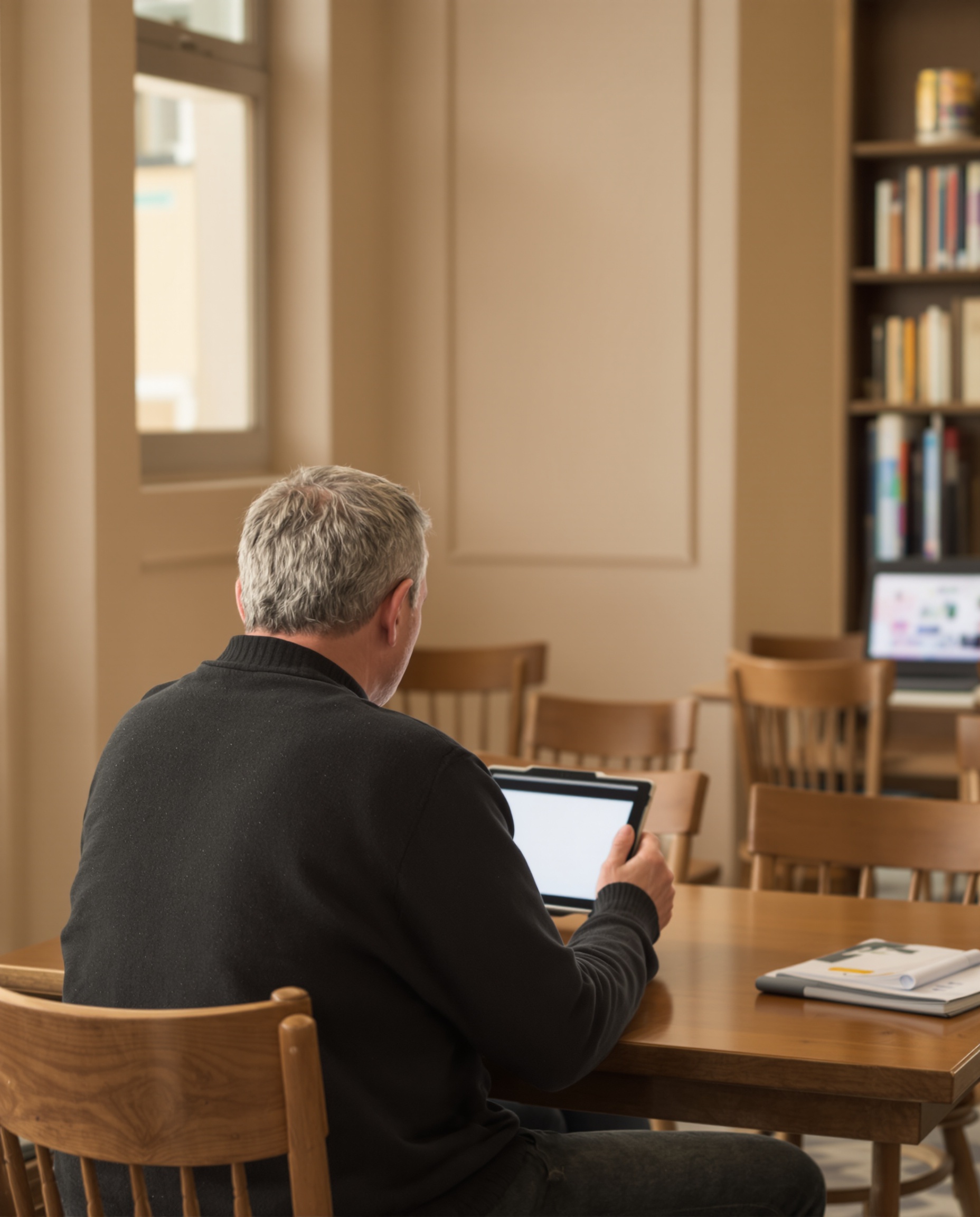 Personne d'âge mûr consultant des avis sur sa tablette dans un café calme.