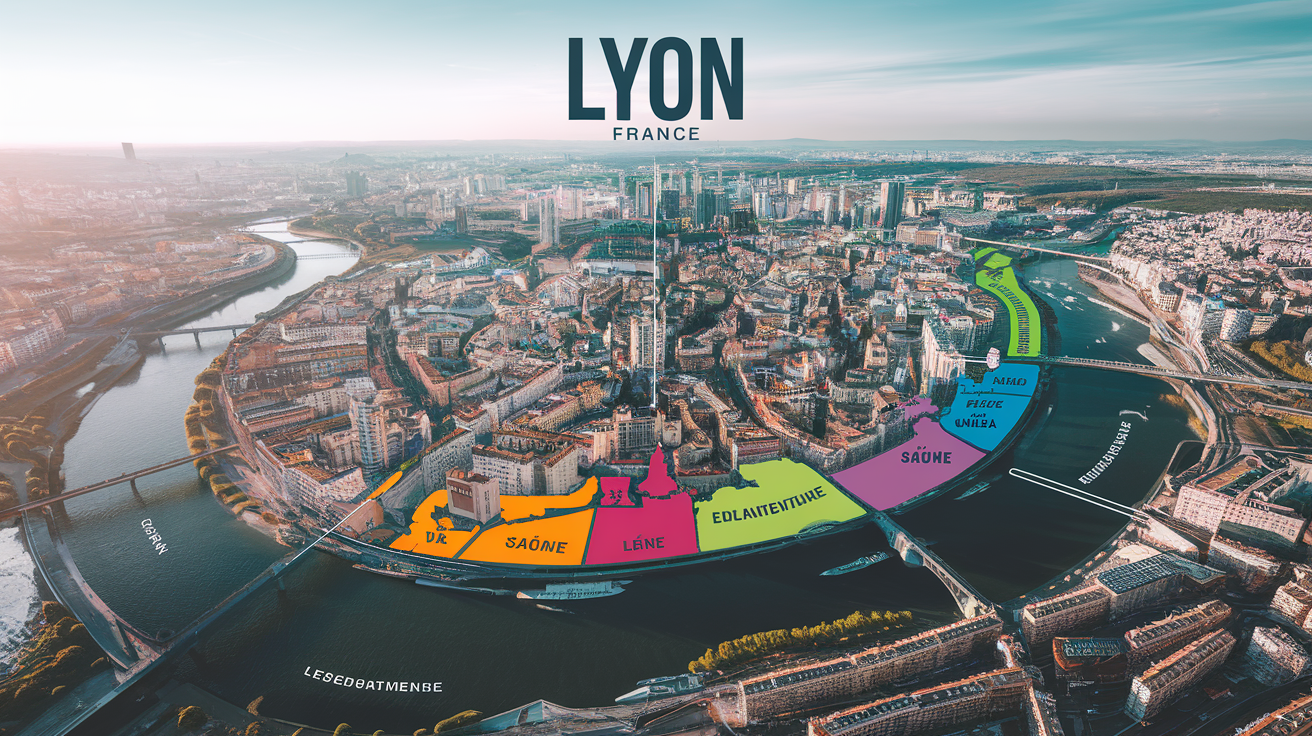 Vue aérienne de Lyon avec les 9 arrondissements tracés