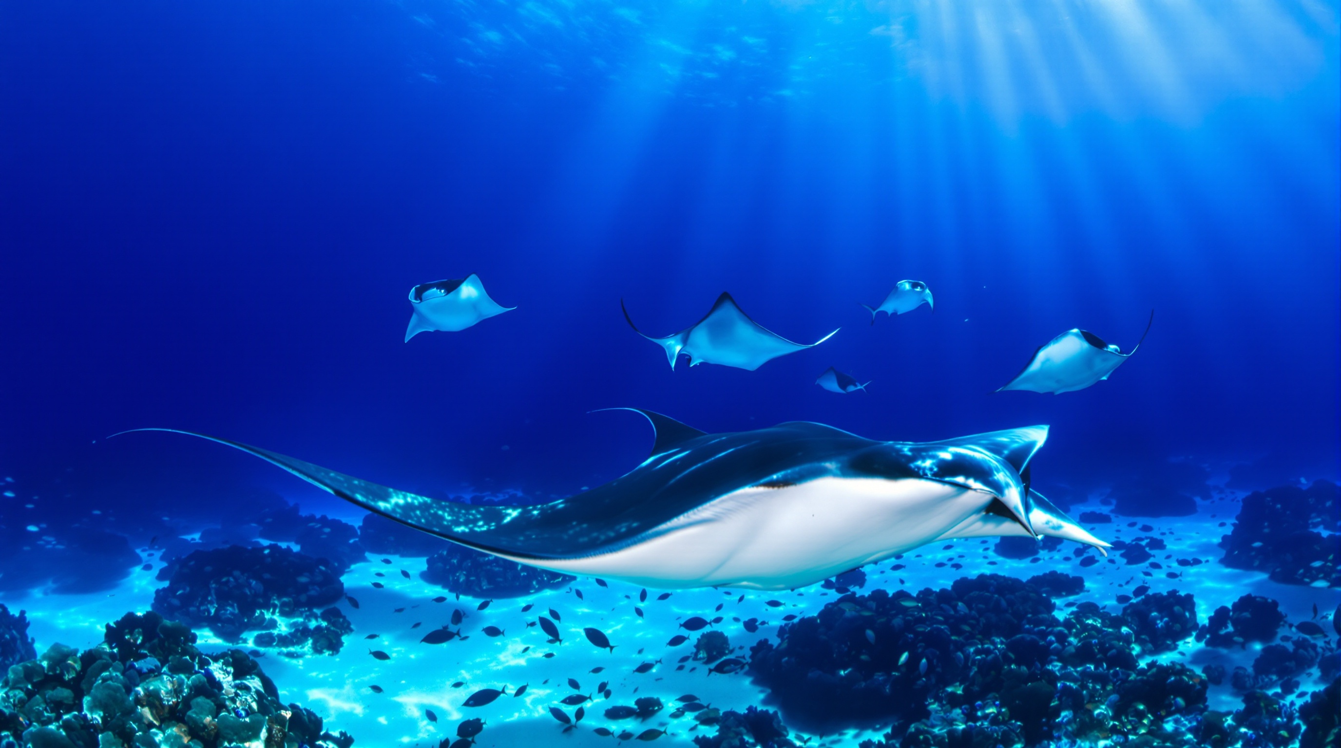 Raies Manta nageant gracieusement dans les eaux bleues protégées par l'UNESCO à Hanifaru Bay (Atoll de Baa).