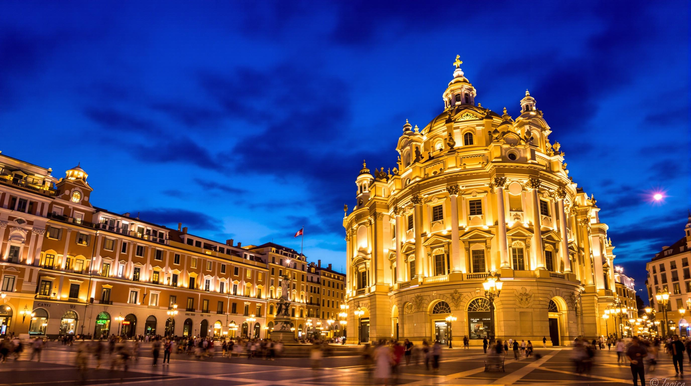 Vue crépusculaire de la Piazza De Ferrari et du Palais Ducal à Gênes, foule floutée, lumière dorée sur le Teatro Carlo Felice.
