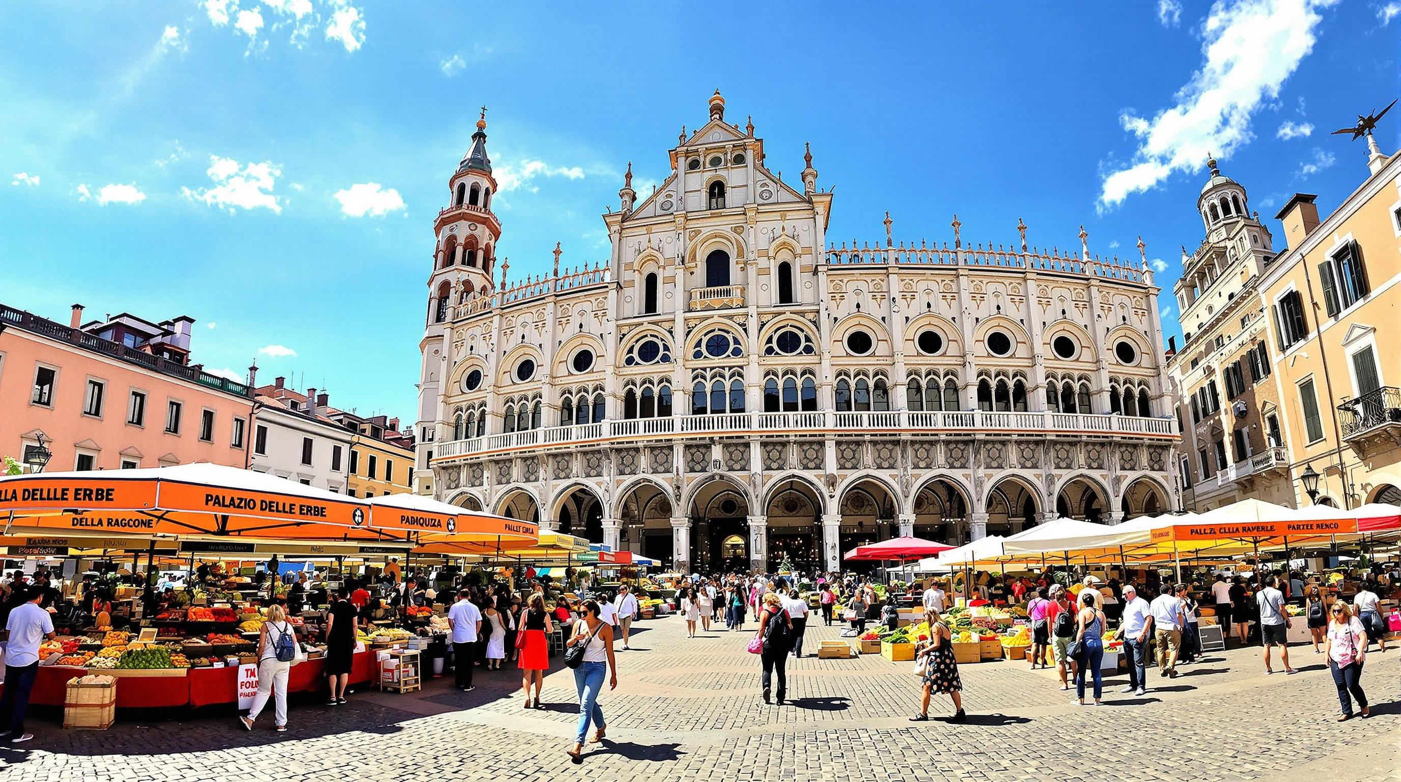 Marché sur la Piazza delle Erbe avec le Palazzo della Ragione en arrière-plan