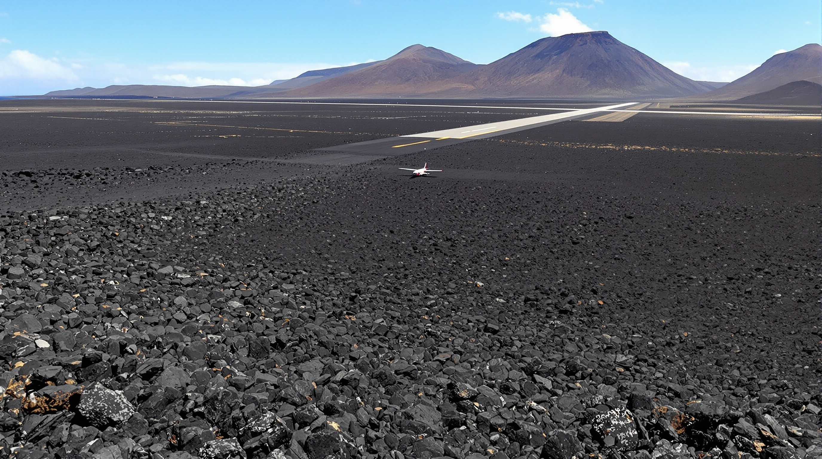 Piste d'atterrissage volcanique et avion militaire RAF à Wideawake Airbase