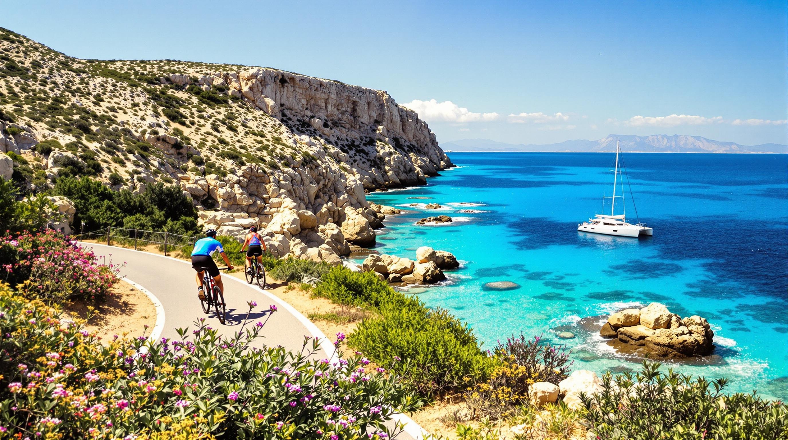 Piste cyclable le long de la côte de Favignana avec catamaran au large