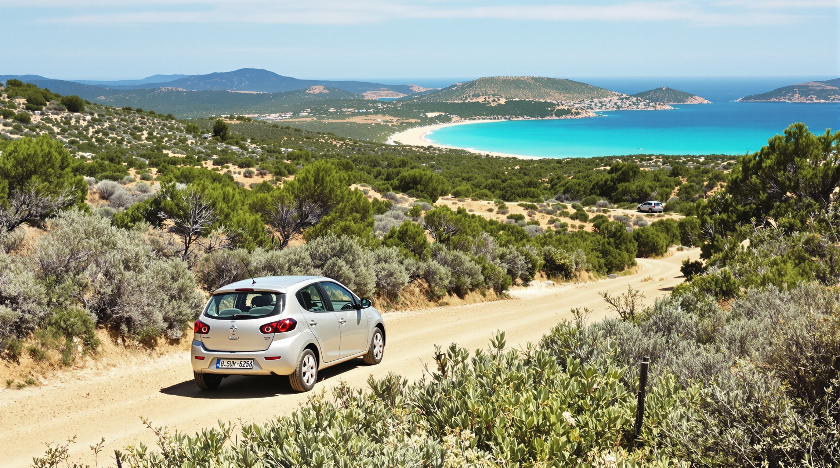 La piste menant à la plage de Tamarone traversée par une citadine.