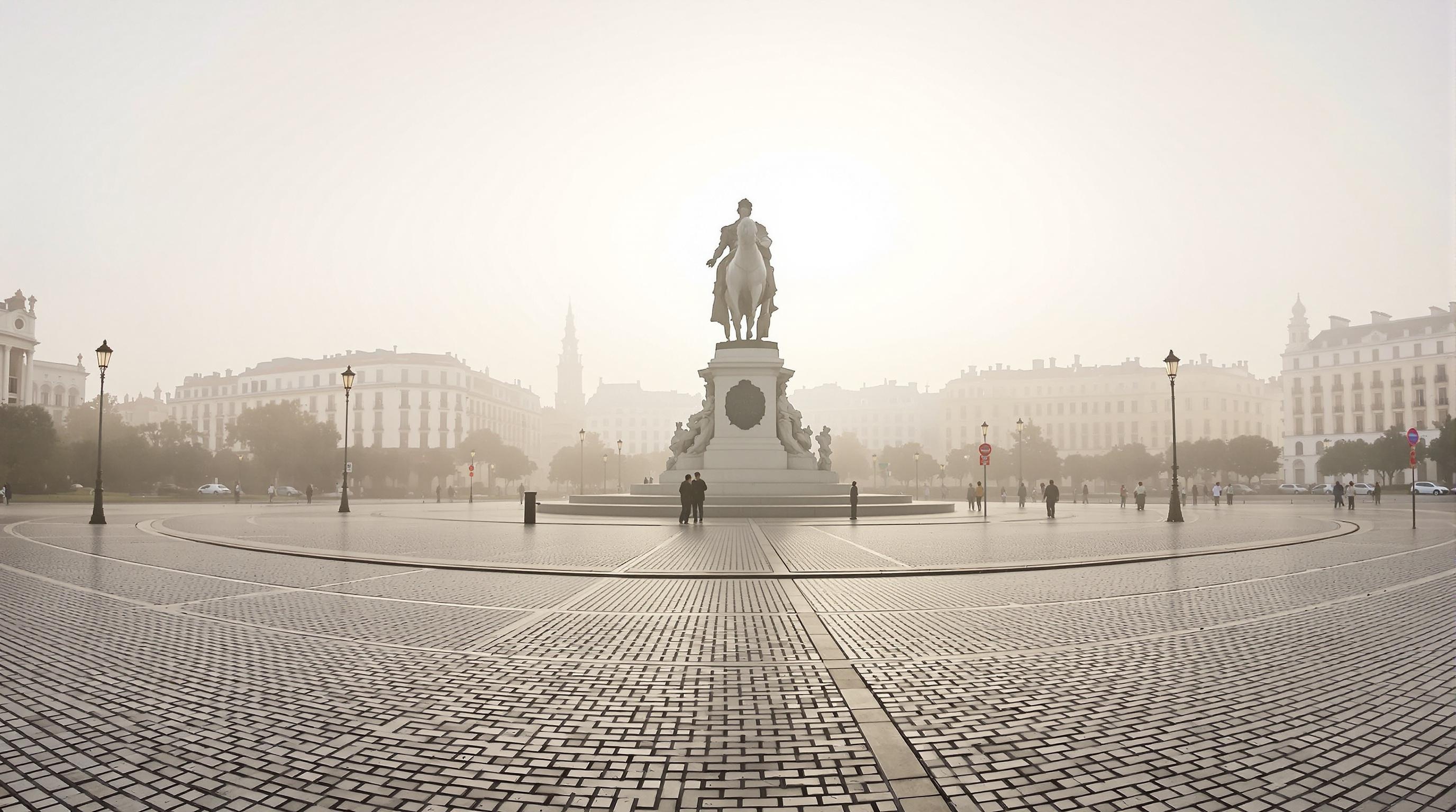Vue large sur la statue de Louis XIV place Bellecour au matin brumeux
