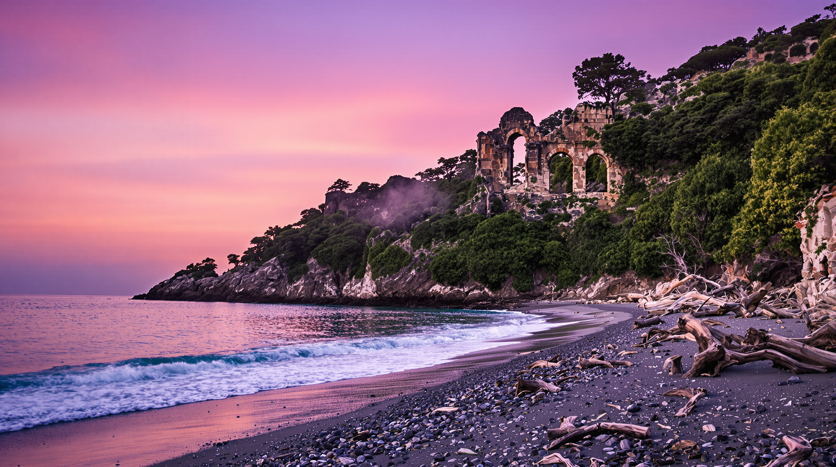 Plage de Çıralı au crépuscule avec ruines d’Olympos émergeant de la végétation