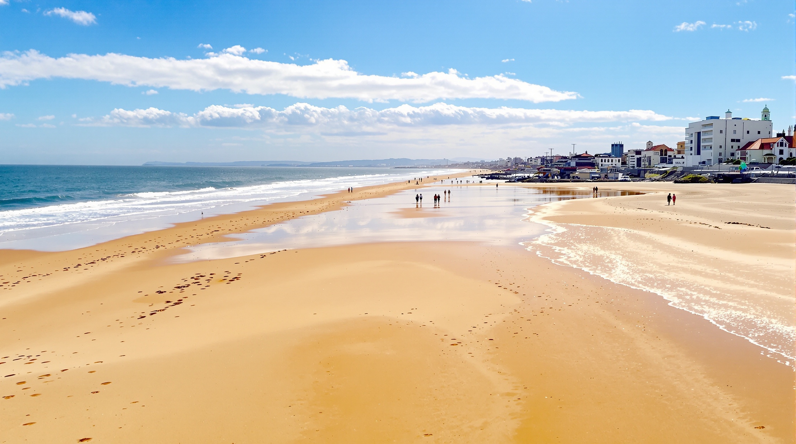 Image de la plage de Matosinhos près de Porto, avec l'océan Atlantique et quelques personnes se promenant sur le sable, illustrant l'escapade accessible via la ligne A du métro.