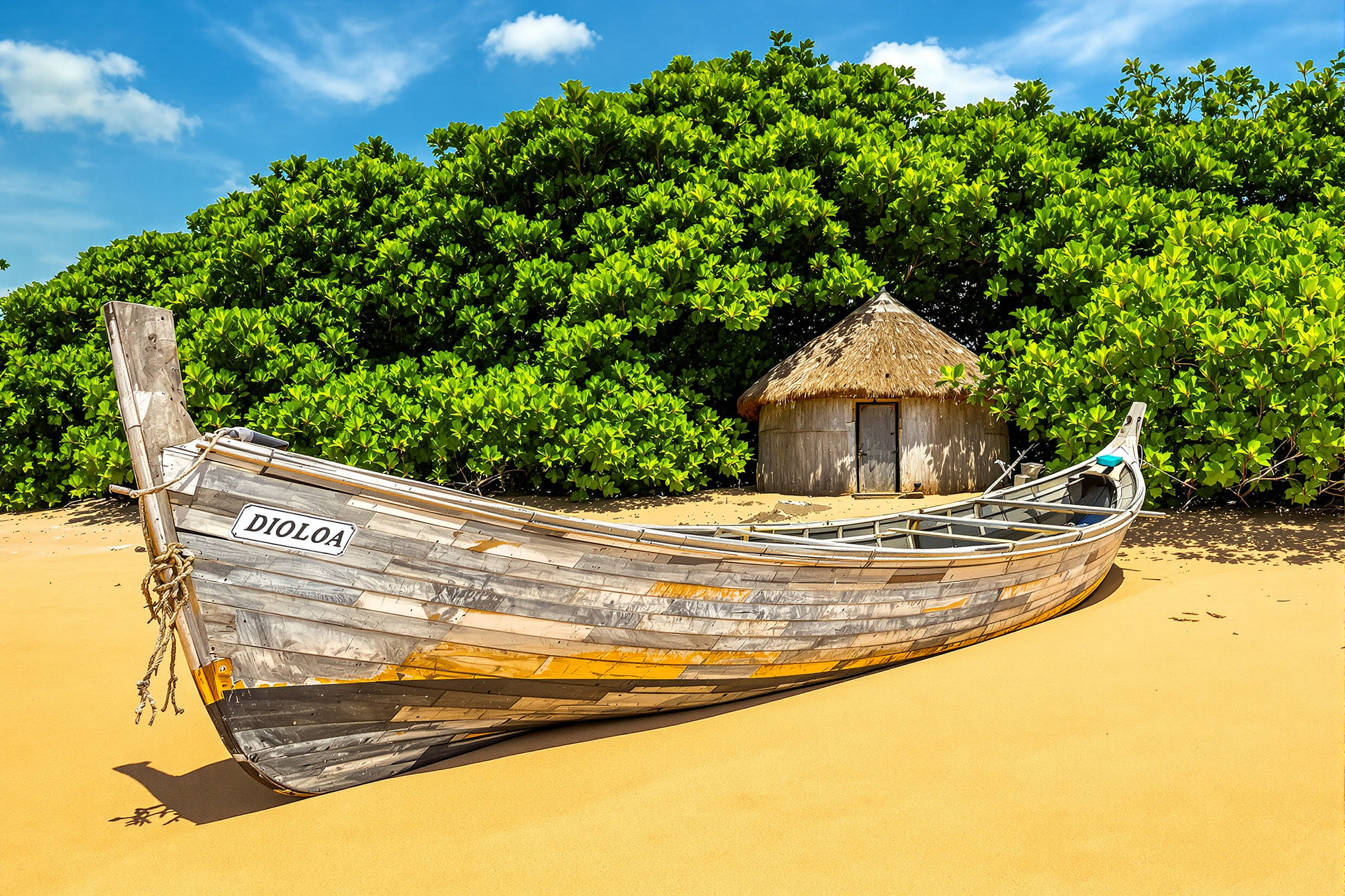 Plage sauvage près de Kabrousse avec pirogue tirée sur le sable et case Diola dans la végétation.