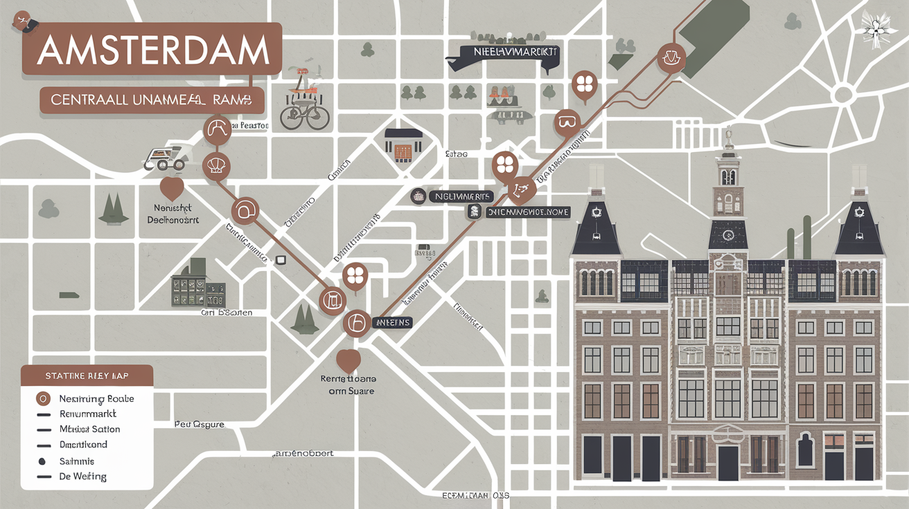 Plan du trajet entre Centraal Station et De Wallen avec arrêts de tram et rues majeures