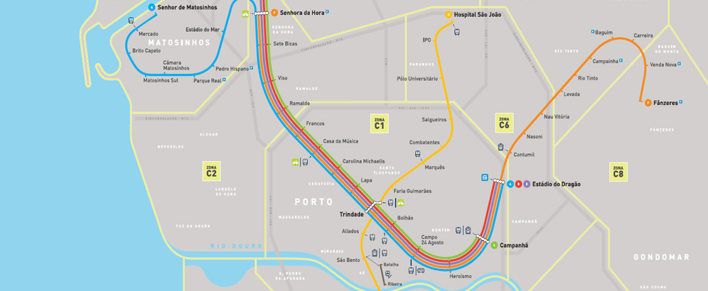 Plan du réseau de métro de Porto 2024, toutes lignes et stations principales en couleurs