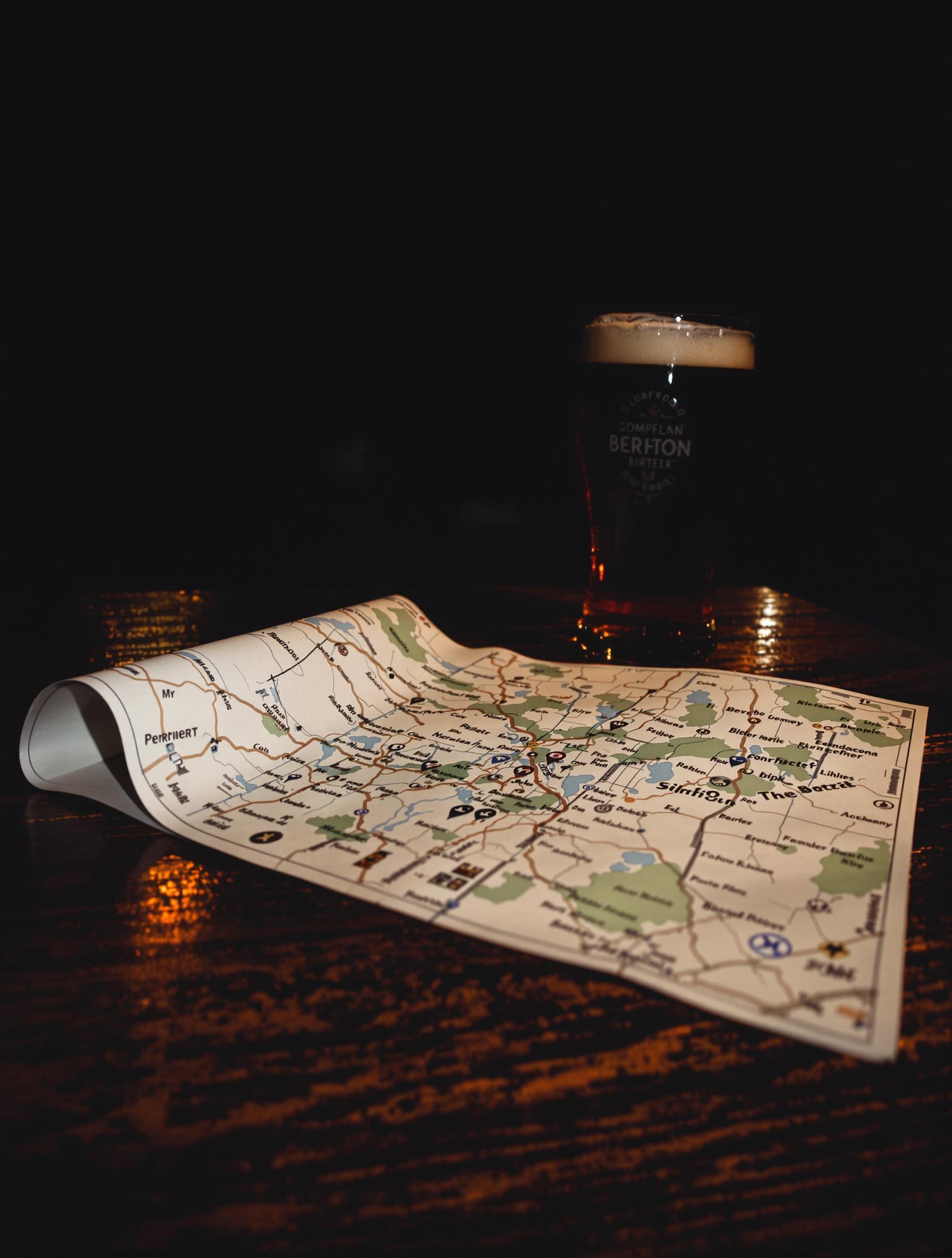 Plan papier plié sur la table d’un pub de Soho, pinte de bitter à côté, éclairage tamisé.