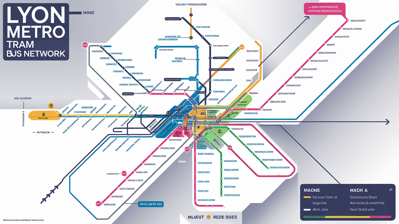 Plan stylisé du métro, tramway et bus de la Métropole de Lyon