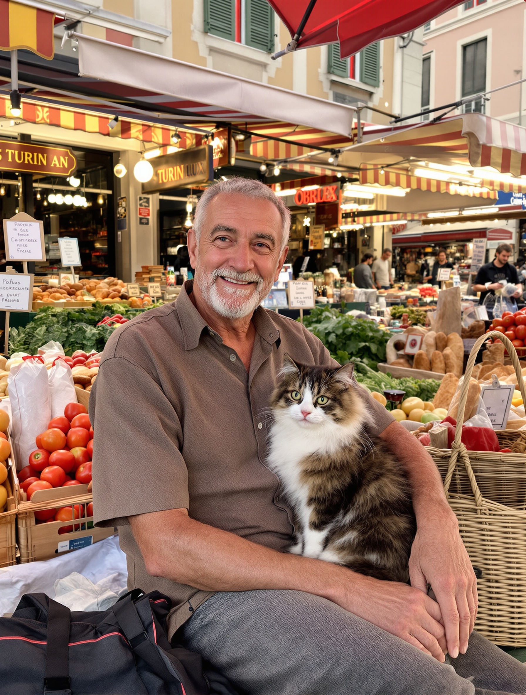 Polux le chat sur les genoux d’un senior devant un panier de marché plein, marché de Turin en arrière-plan
