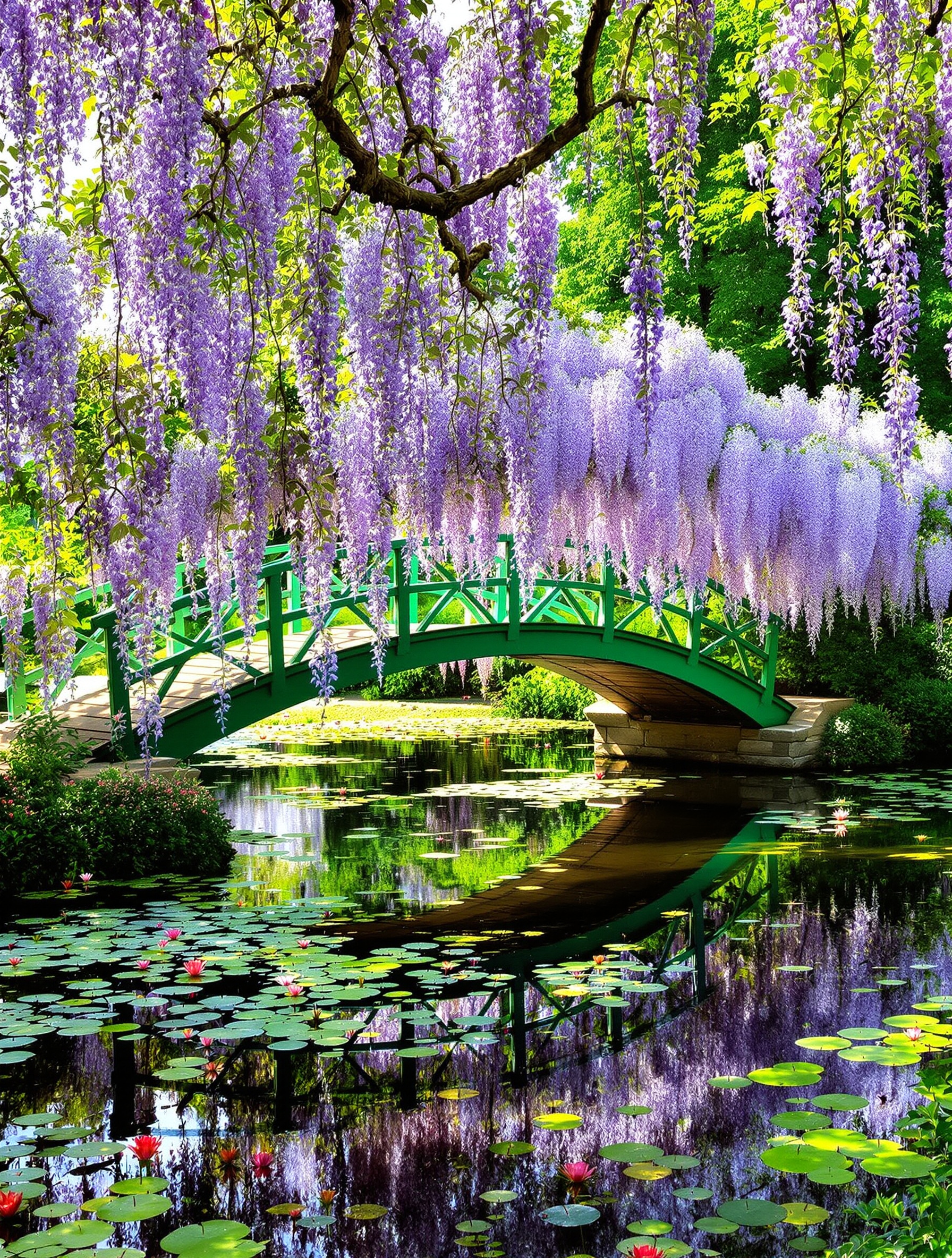 Le célèbre pont japonais couvert de glycines se reflétant dans l'étang des nymphéas, dans les jardins de Monet à Giverny.