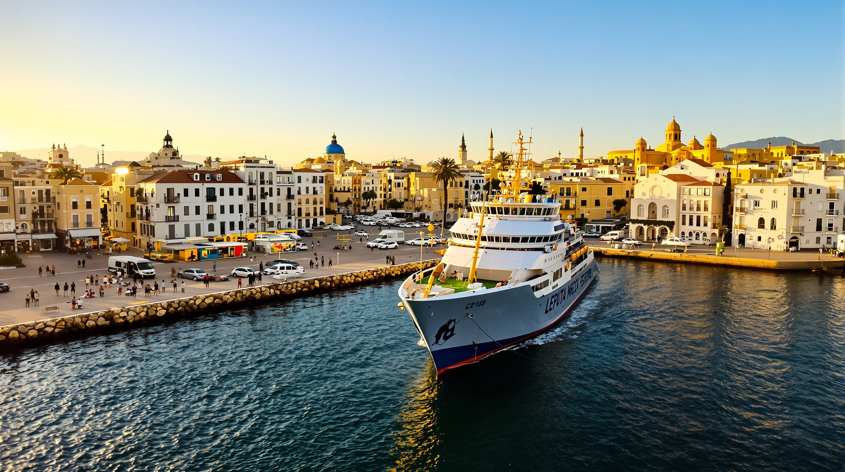 Ferry arrivant au port de Ceuta, accès principal depuis Algésiras, ambiance méditerranéenne.