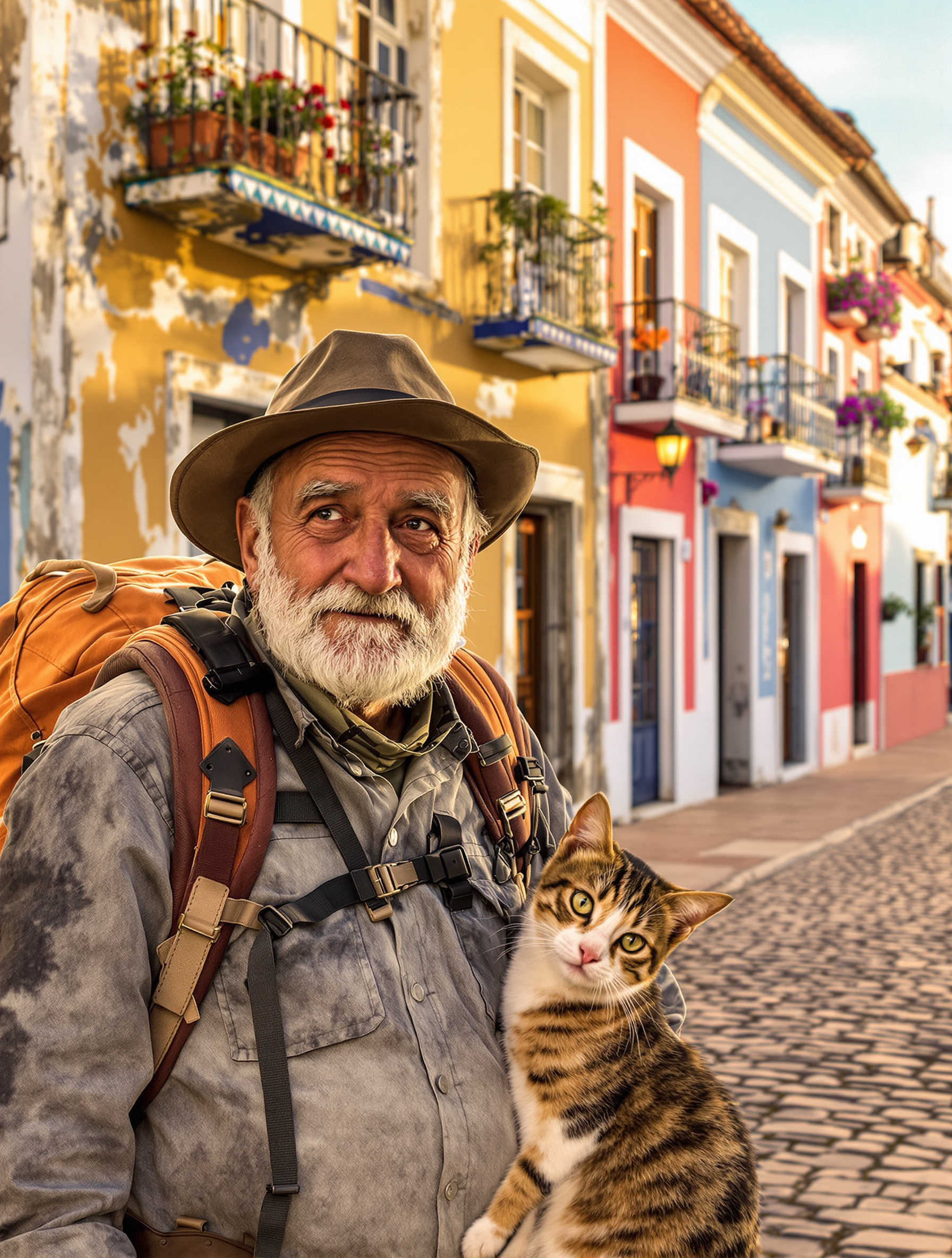 baroudeur avec chat Bengal dans les rues colorées d'Angra do Heroísmo
