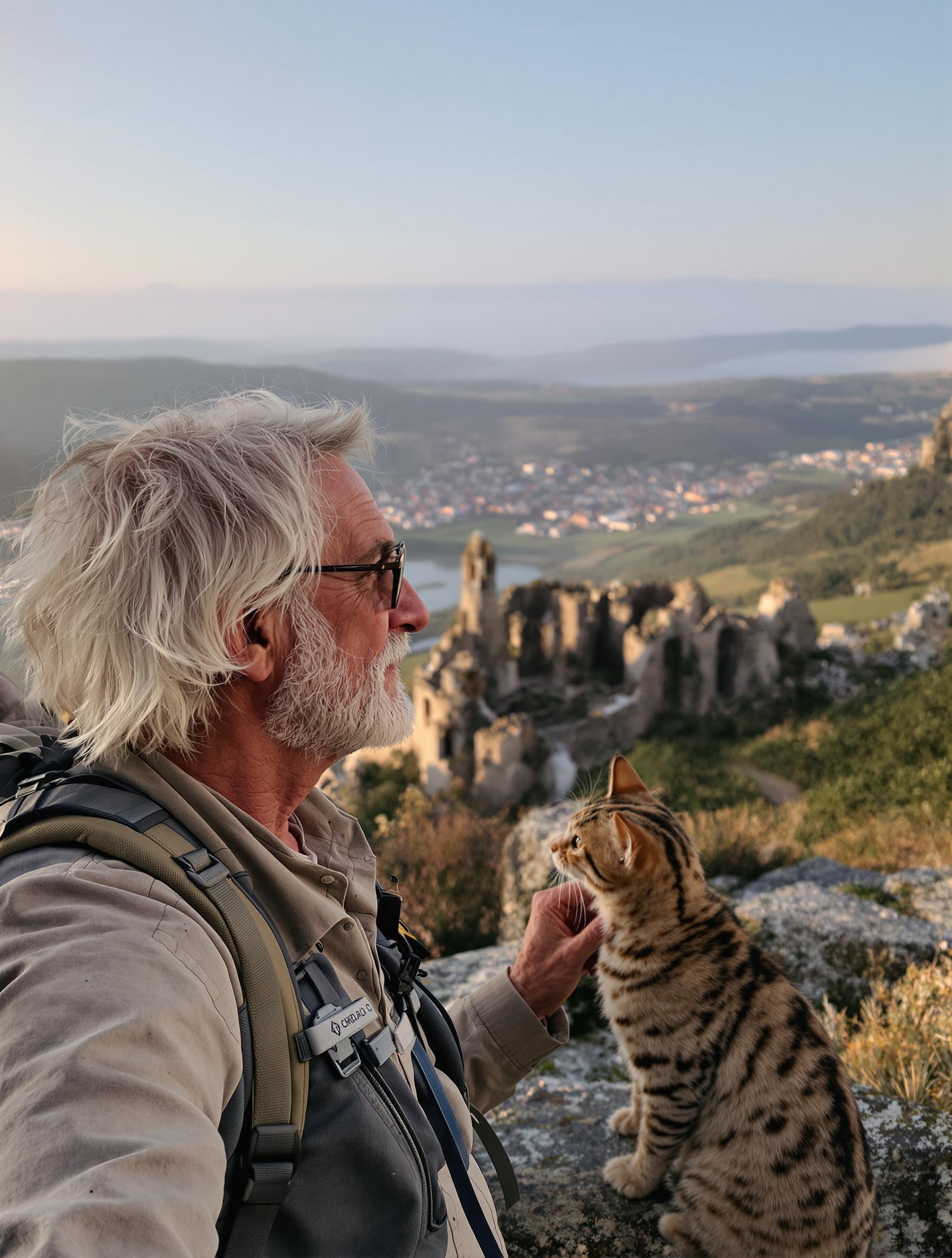 Portrait d'un voyageur senior breton observant les ruines du Château de Tonquédec au crépuscule.