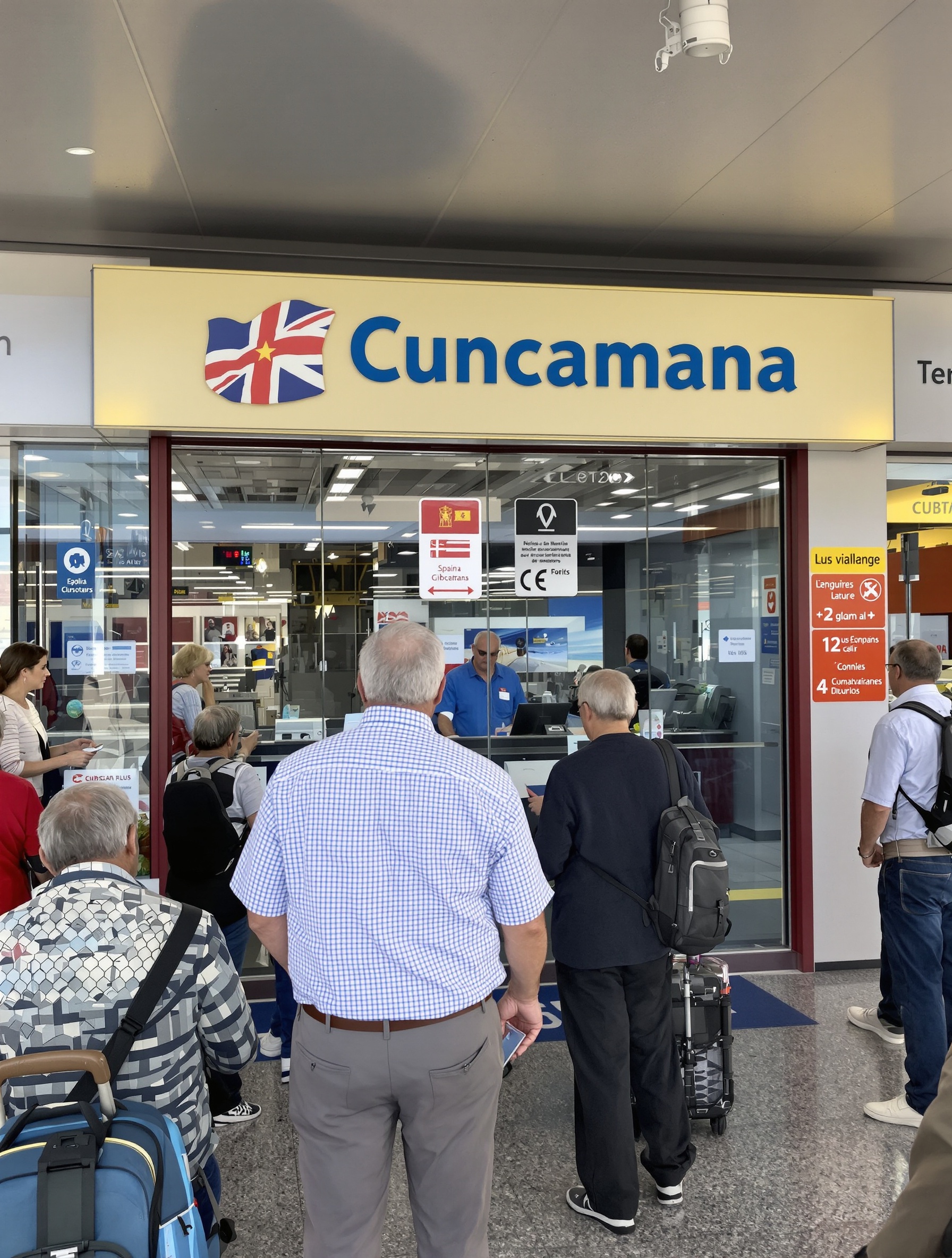 Voyageurs seniors faisant la queue au poste frontière Espagne-Gibraltar, ambiance détendue.