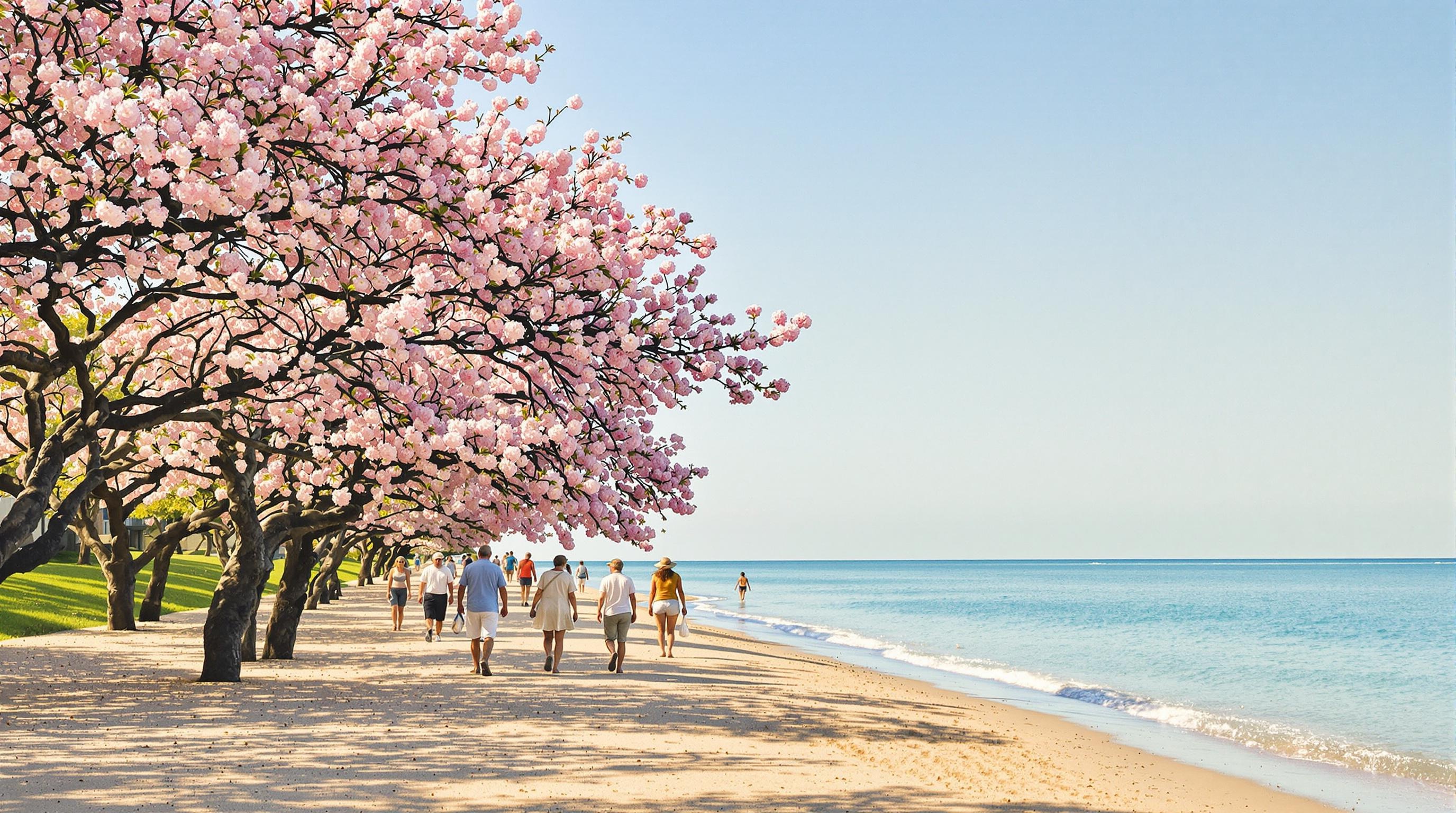 printemps ensoleillé plage La Ciotat seniors promenade arbres fleurs mer calme ciel bleu paisible
