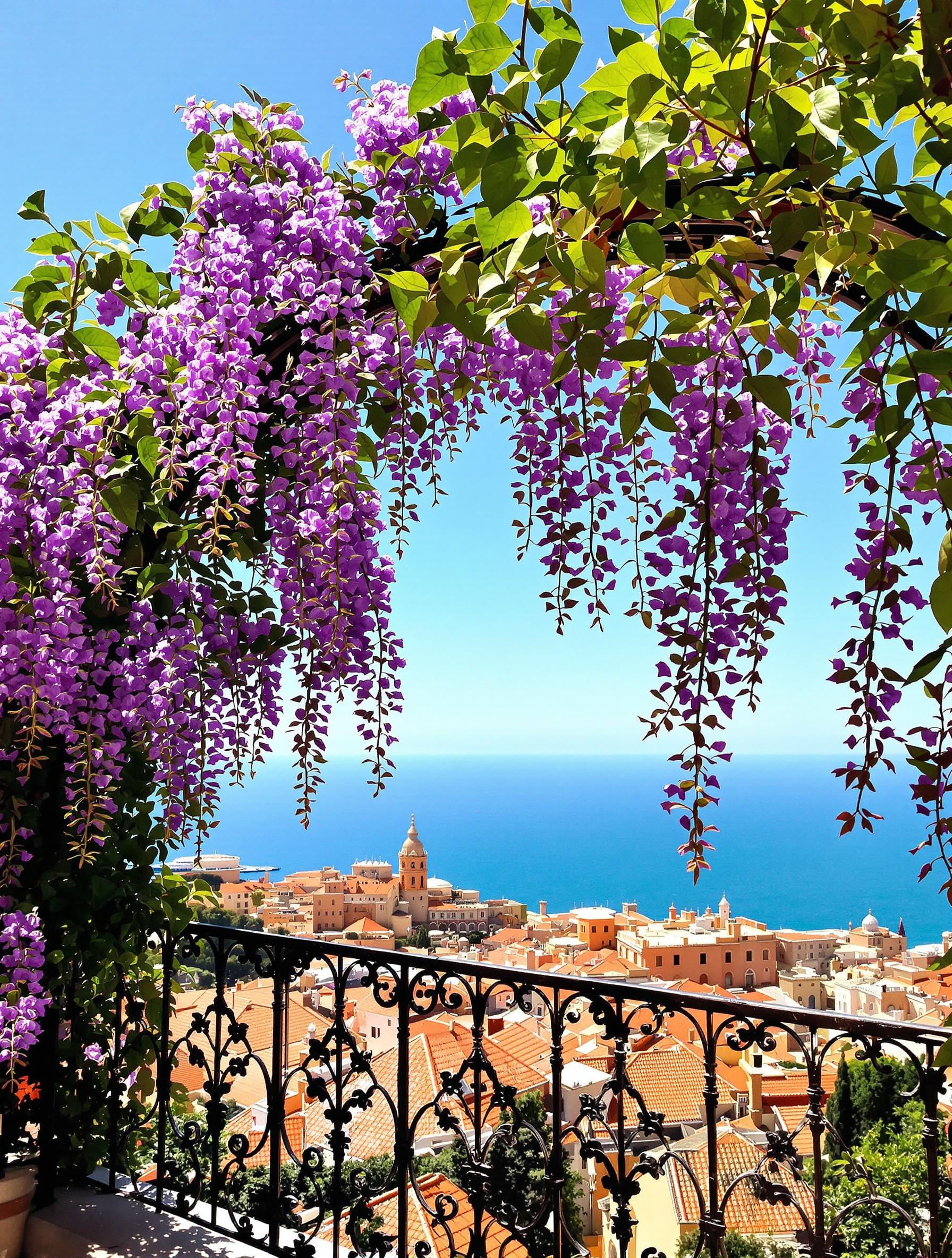 Printemps sur la Spianata Castelleto, glycines en fleurs, ciel bleu sur les toits de Gênes.