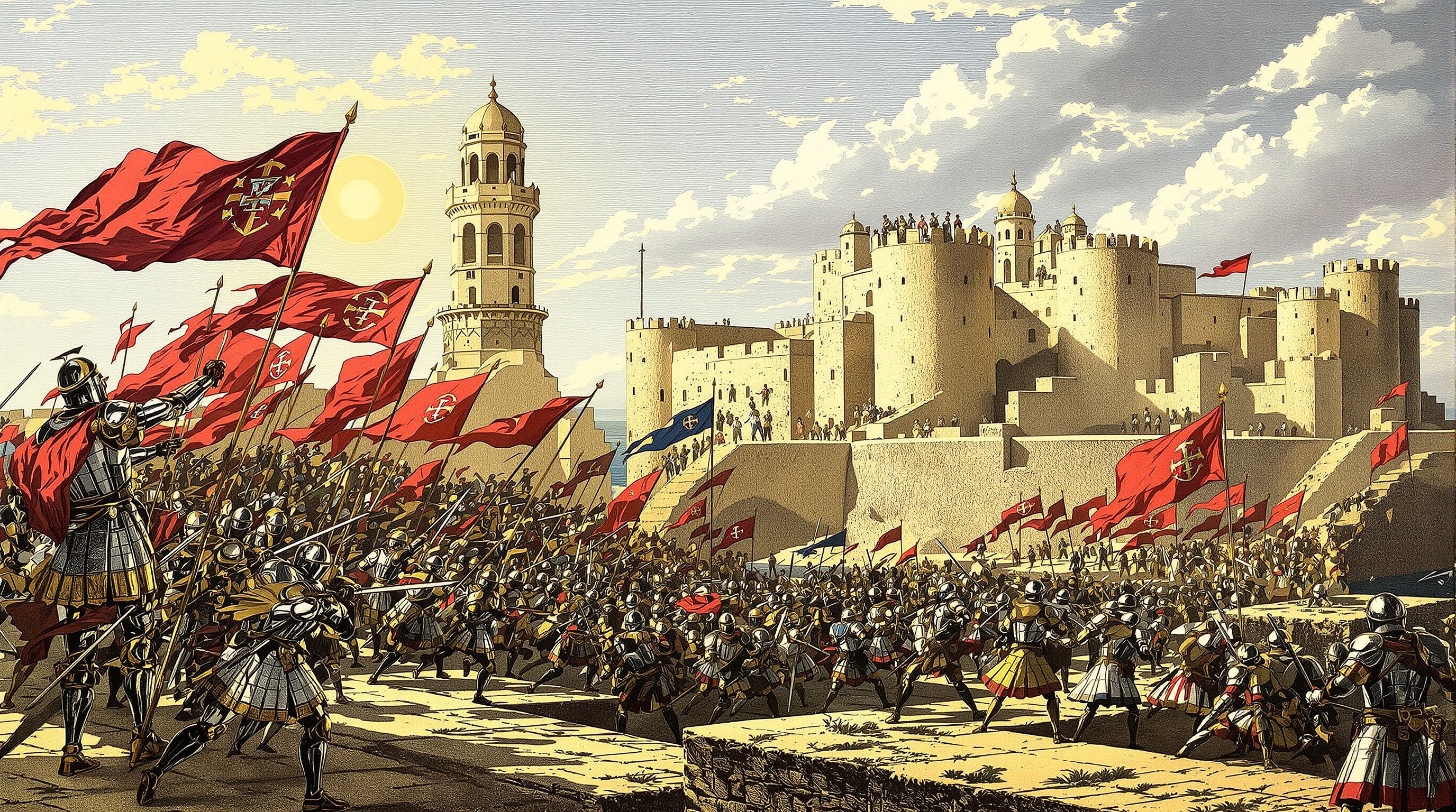 Illustration historique - prise de Ceuta par les Portugais, ambiance gravure ancienne