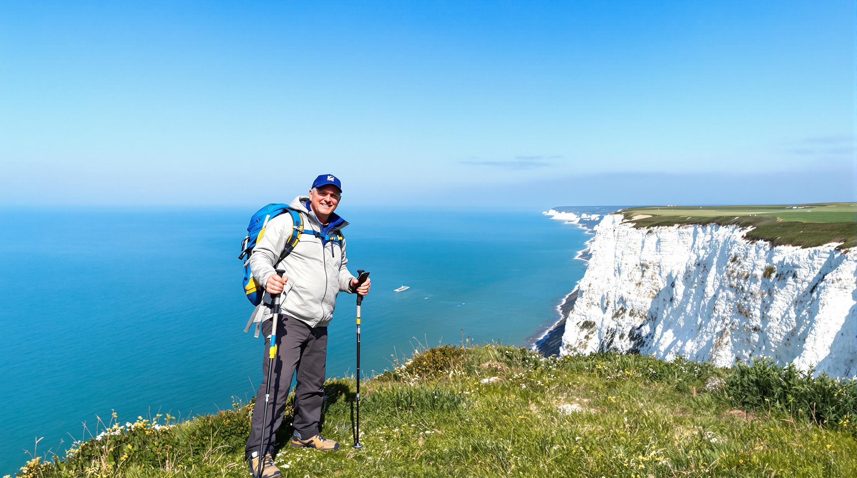 Randonneur senior équipé au sommet des falaises blanches de Douvres