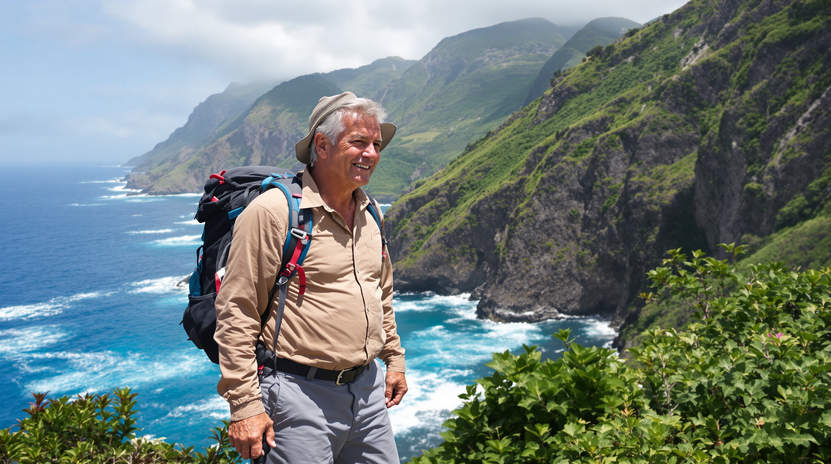 Un couple de randonneurs seniors admirant le paysage spectaculaire depuis un point de vue de la presqu'île de la Caravelle en Martinique, avec la mer Atlantique agitée en contrebas.