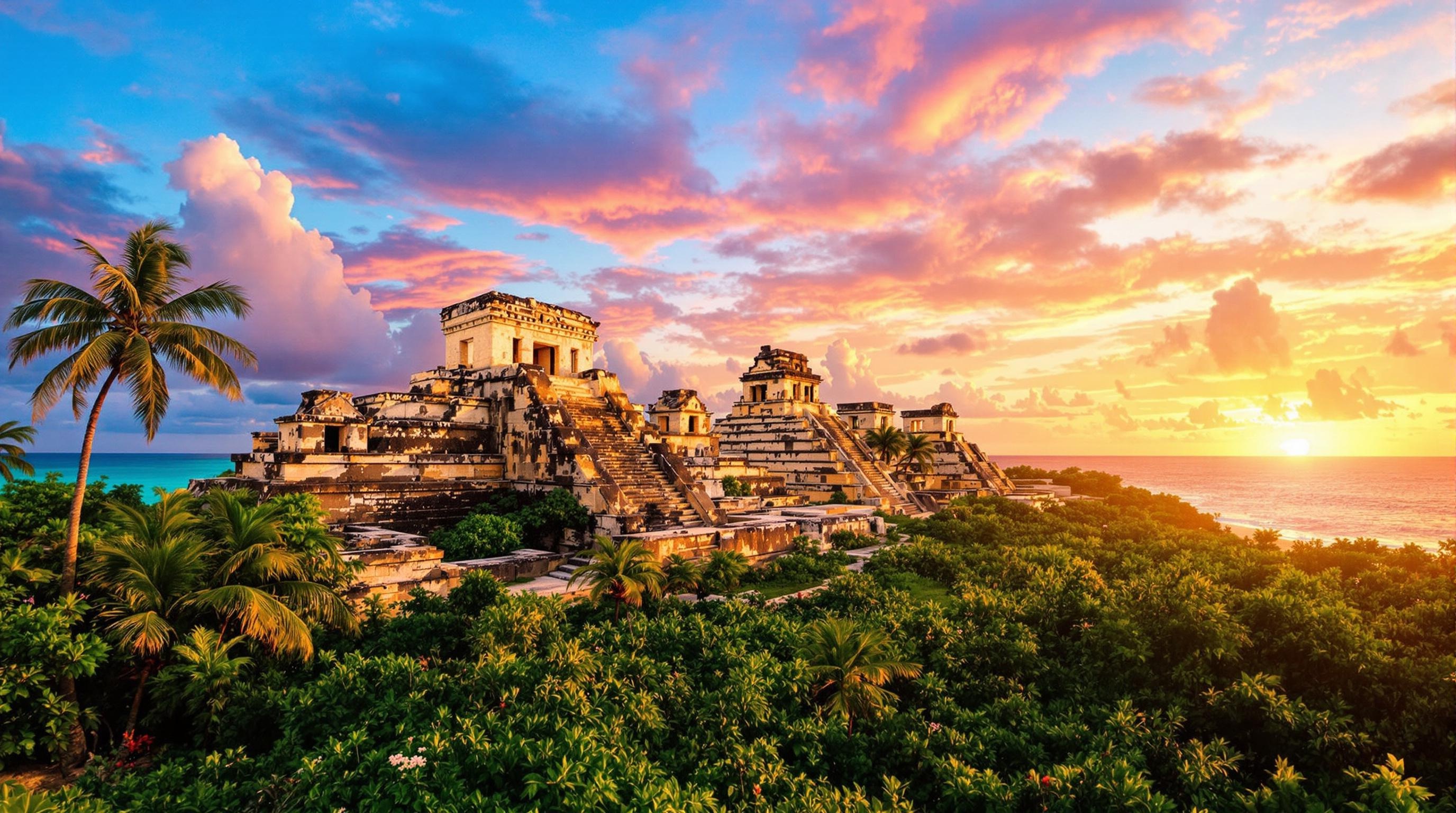 Structures mayas au lever du soleil avec vue sur la mer des Caraïbes