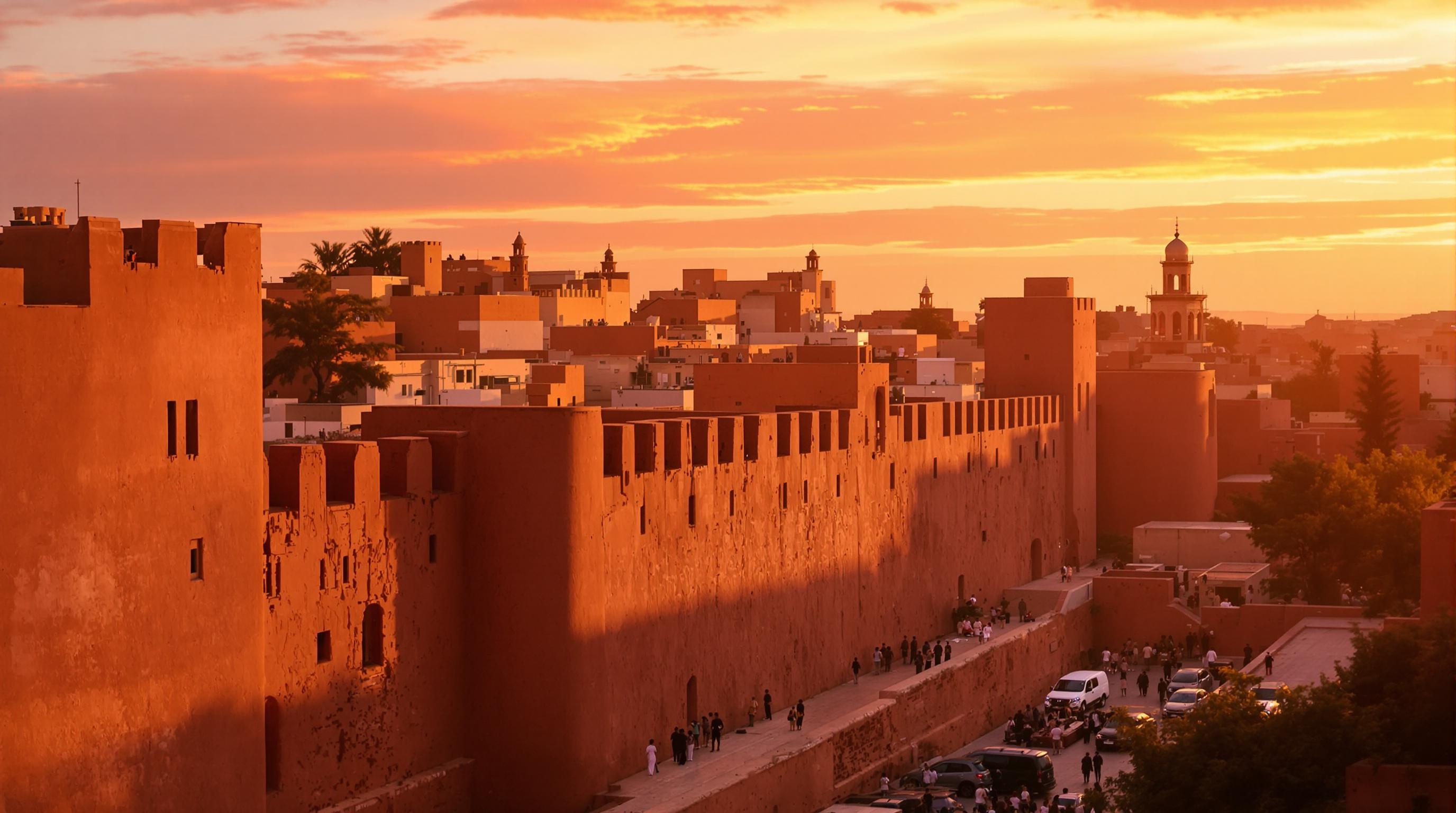 Les remparts de Marrakech illuminés par des nuances orangées au coucher du soleil, avec des silhouettes de photographes seniors.