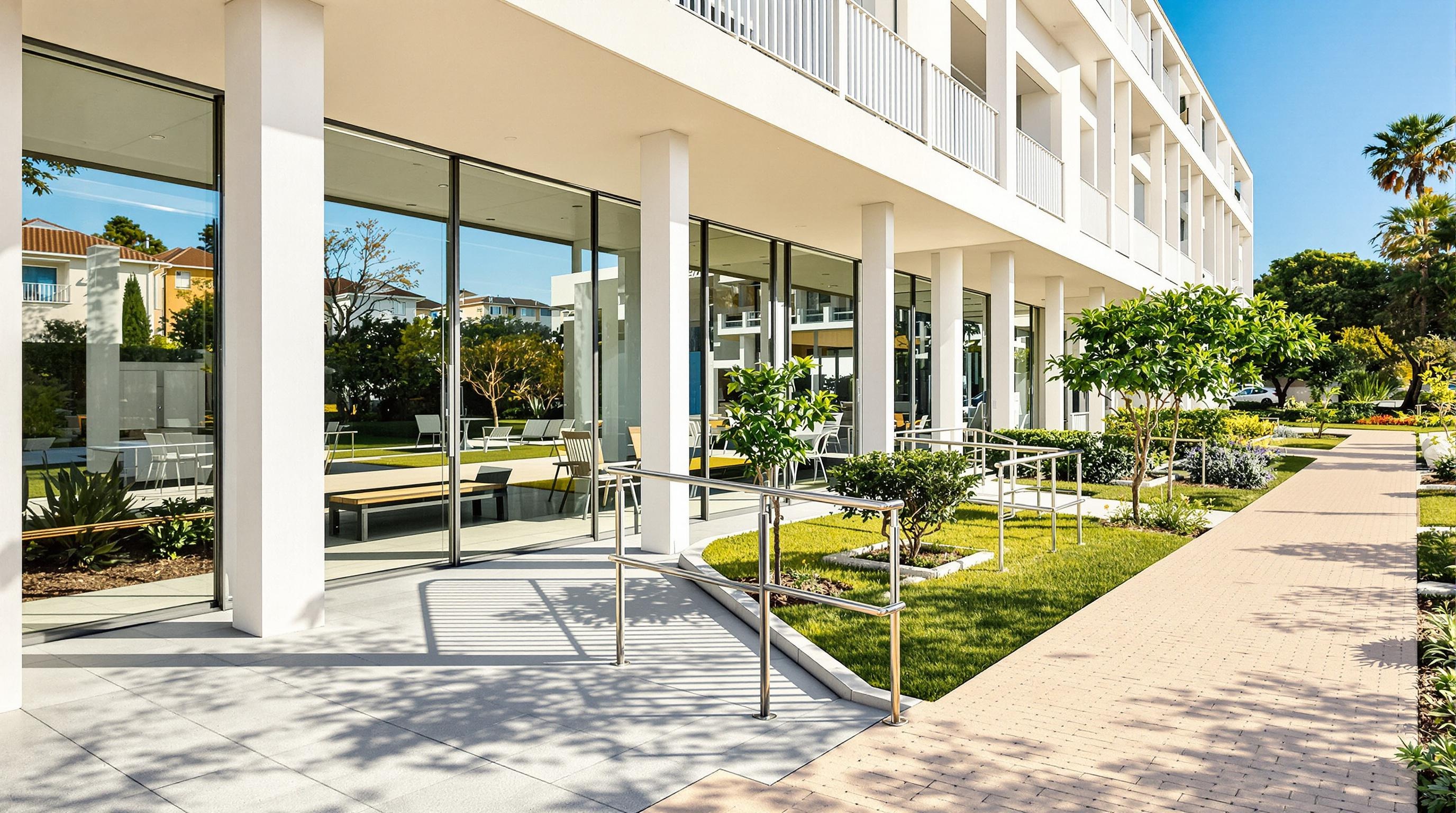 vue extérieure résidence senior moderne La Ciotat rampe accès espaces verts lumière méditerranéenne