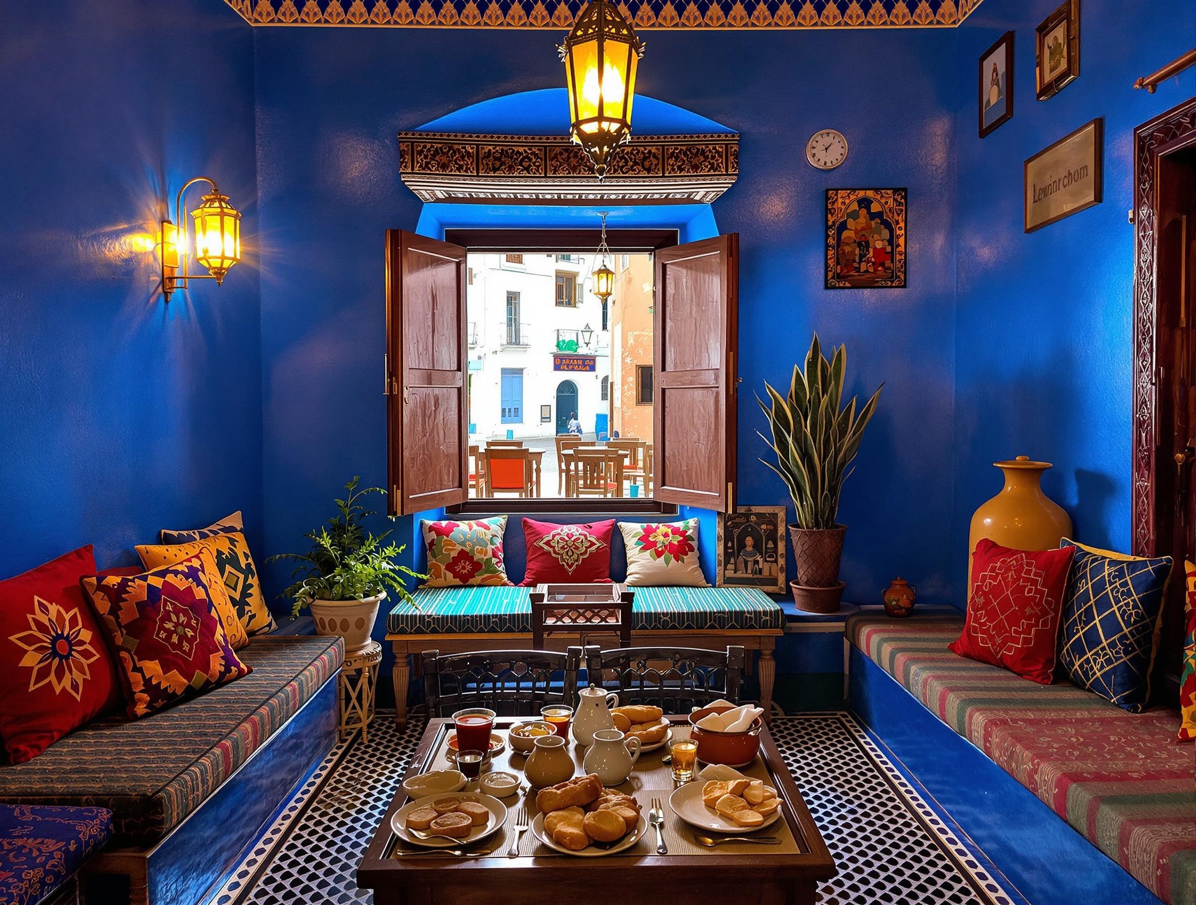 Ambiance chaleureuse dans un restaurant traditionnel, où les arômes des spécialités marocaines se marient avec une décoration authentique.