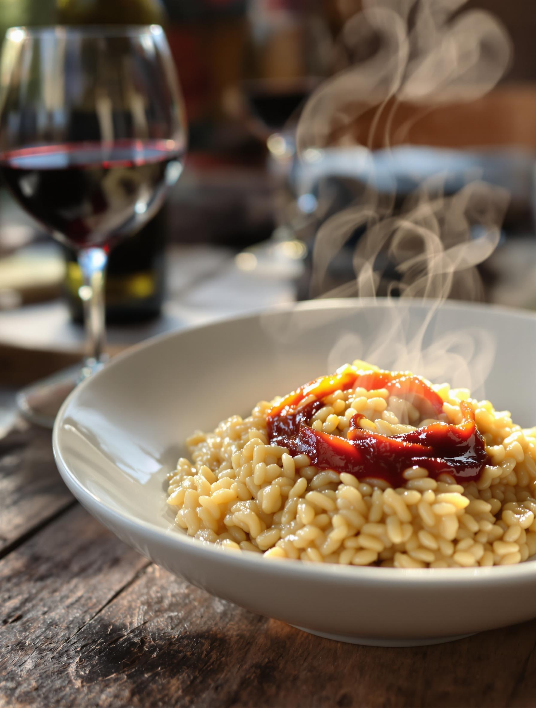Assiette de risotto all’Amarone fumant, verre de Valpolicella en arrière-plan