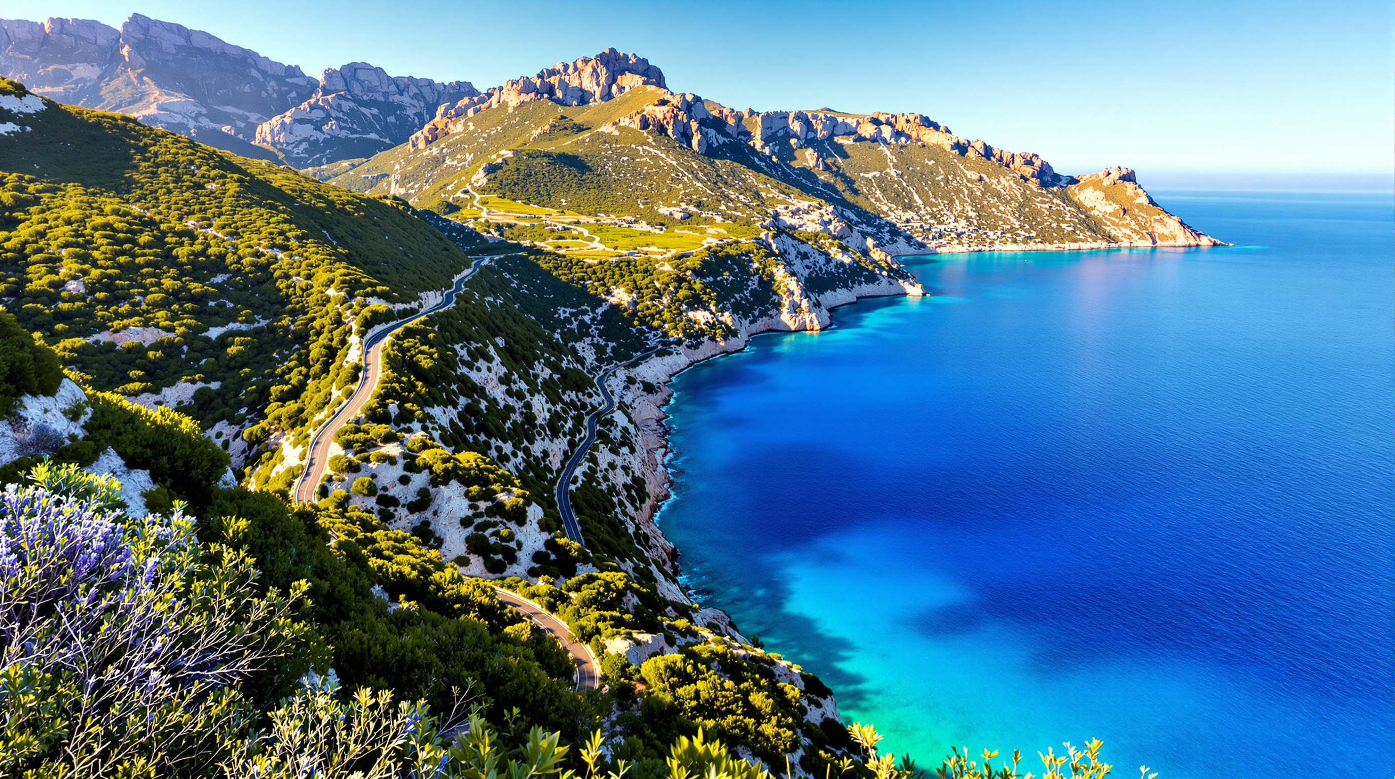 Vue spectaculaire de la route sinueuse du Cap Corse avec le maquis et la mer.