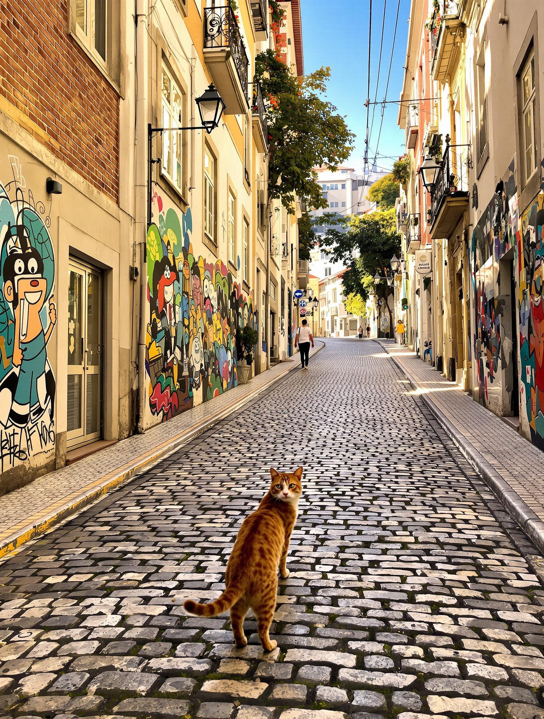 Rue pavée de Graça montant vers le Miradouro avec ascenseur moderne et street art