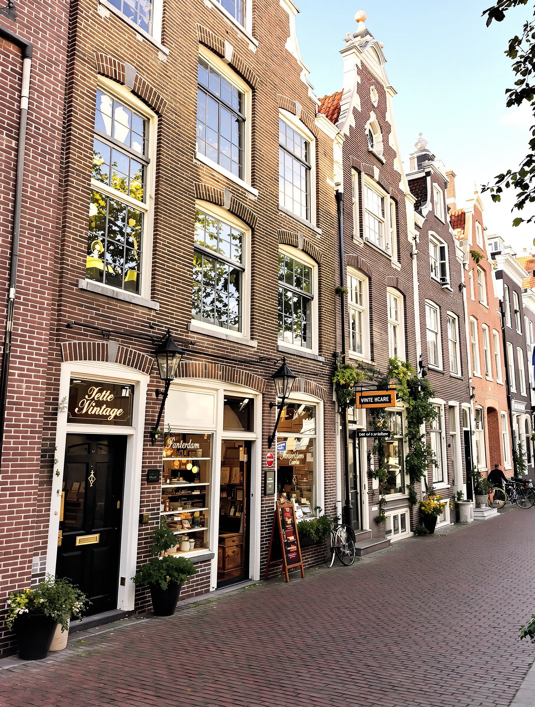 Ruelle pittoresque du Jordaan à Amsterdam, boutique vintage discrète en façade.