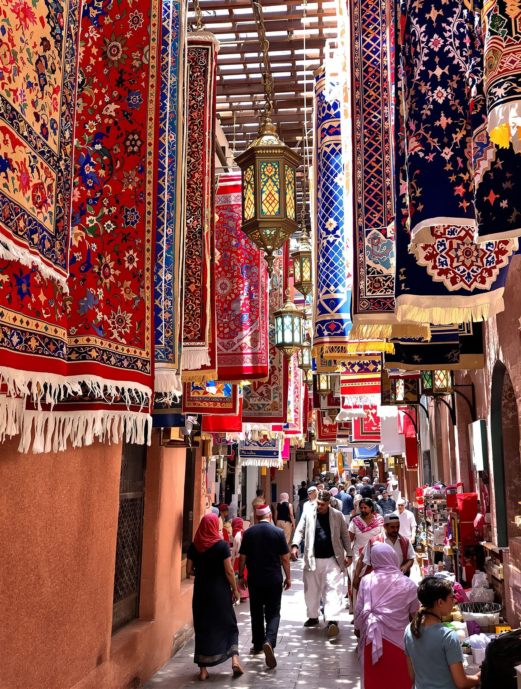 ruelle animée des souks de Marrakech, tapis colorés et lanternes suspendues