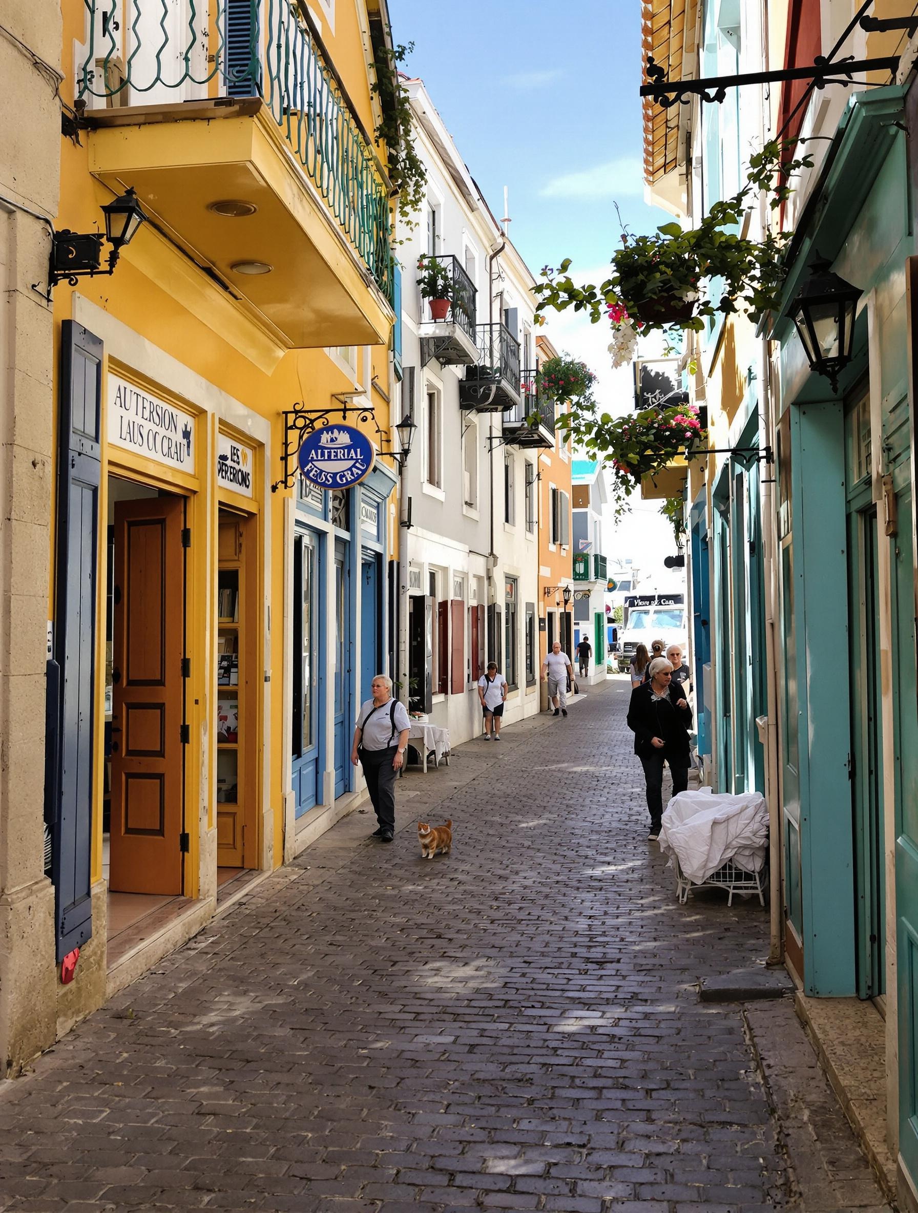Ruelles ombragées et boutiques artisanales du Vieux-Grau avec seniors flânant