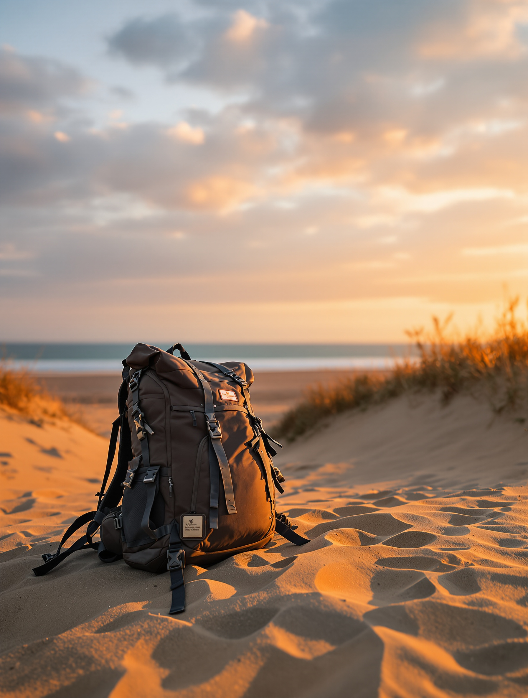 Le sac à dos de Victor posé sur une dune face à l'océan au crépuscule sur l'île d'Oléron