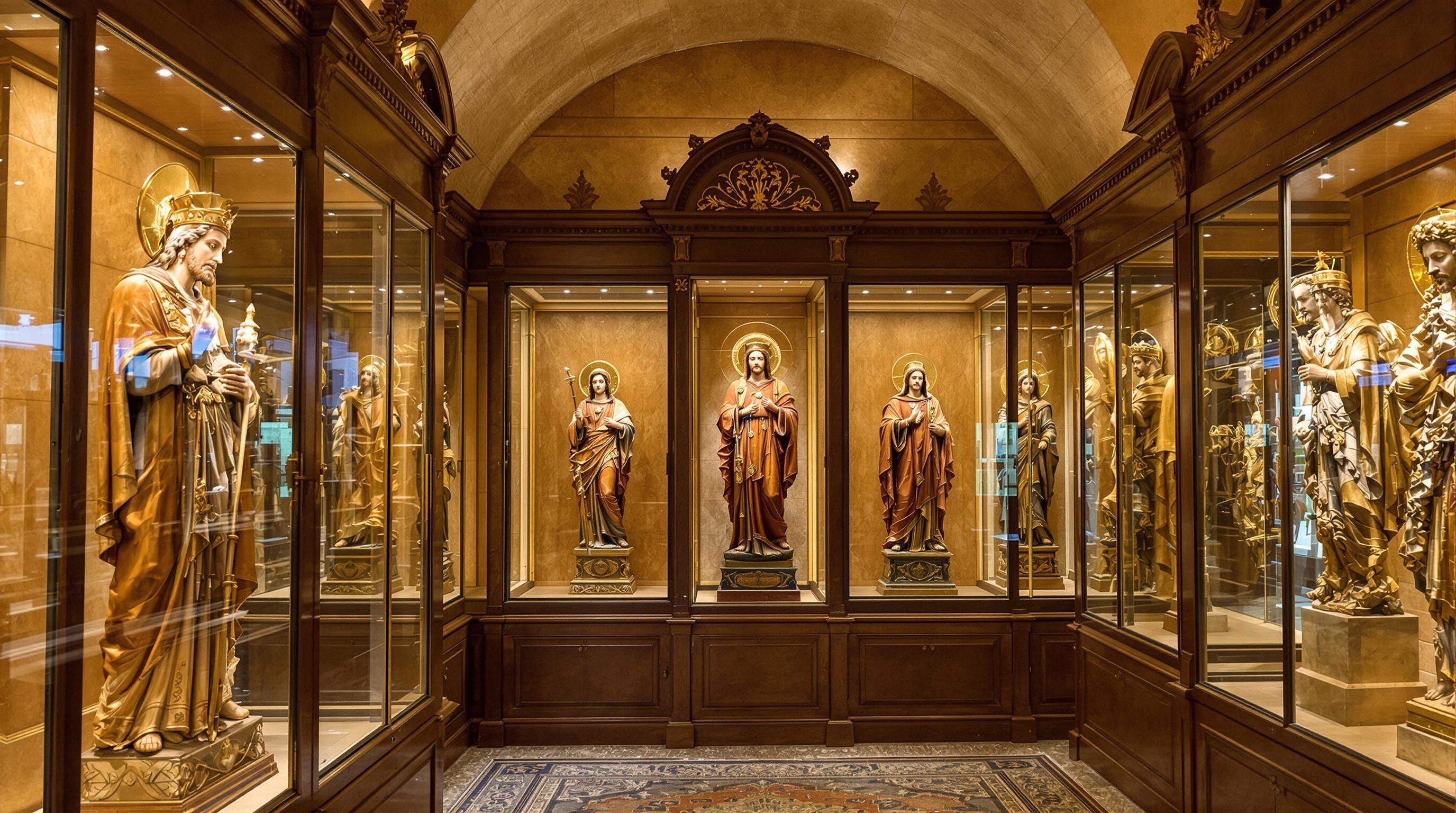 Salle d’exposition du musée épiscopal de Cáceres avec statues en bois polychrome