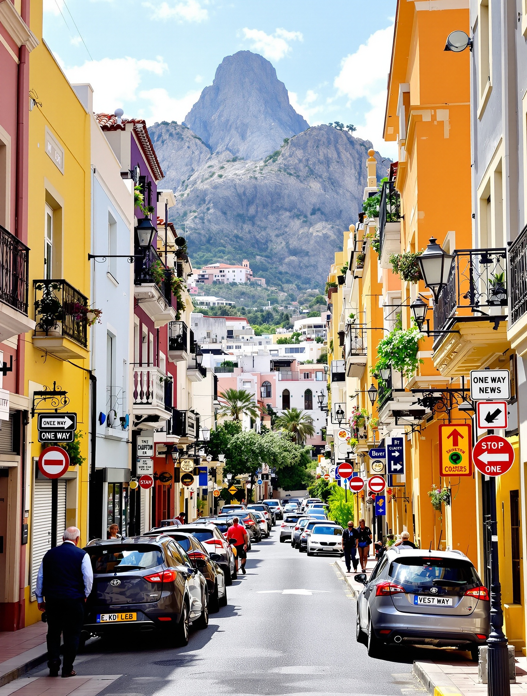 Scène urbaine typique à Gibraltar - circulation dense, piétons seniors marchant paisiblement.