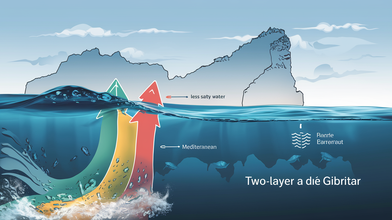 Schéma illustrant le phénomène du courant à deux couches dans le détroit de Gibraltar, avec l'eau atlantique entrant en surface et l'eau méditerranéenne sortant en profondeur.