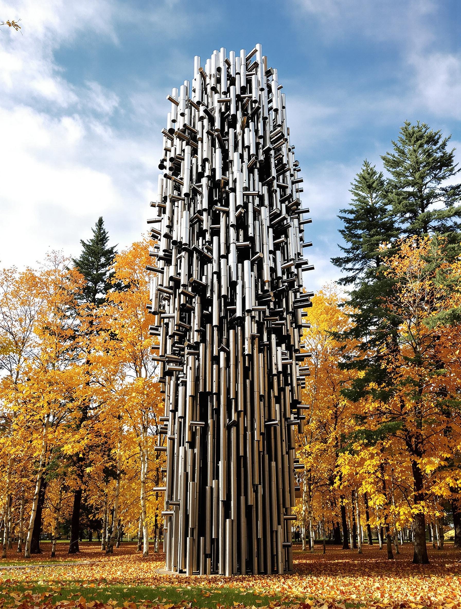 Sculpture en tubes de métal du Parc Sibelius entourée de pins et bouleaux en automne.